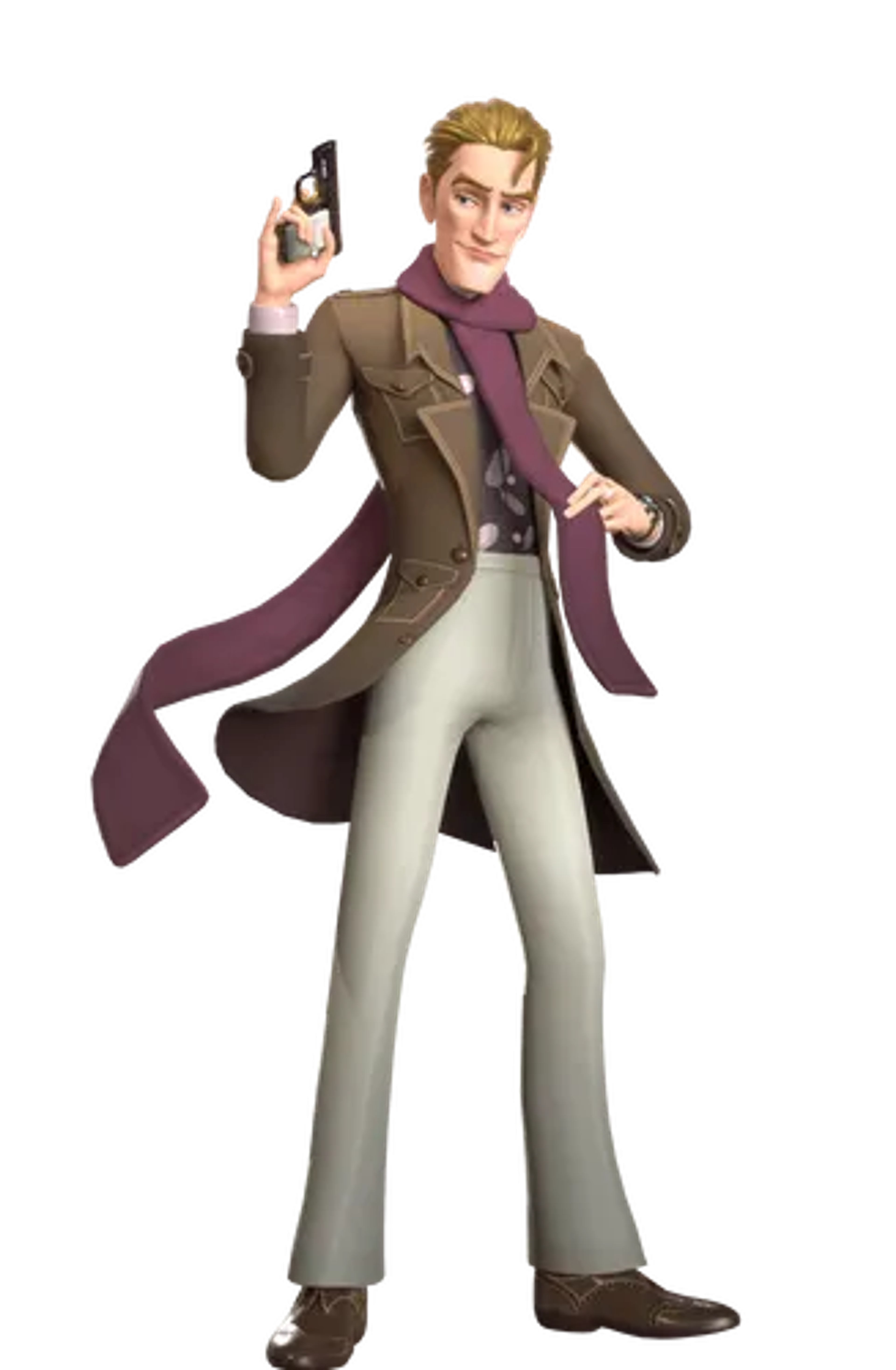 A stylized illustration of a blond, well-dressed man holding a gun