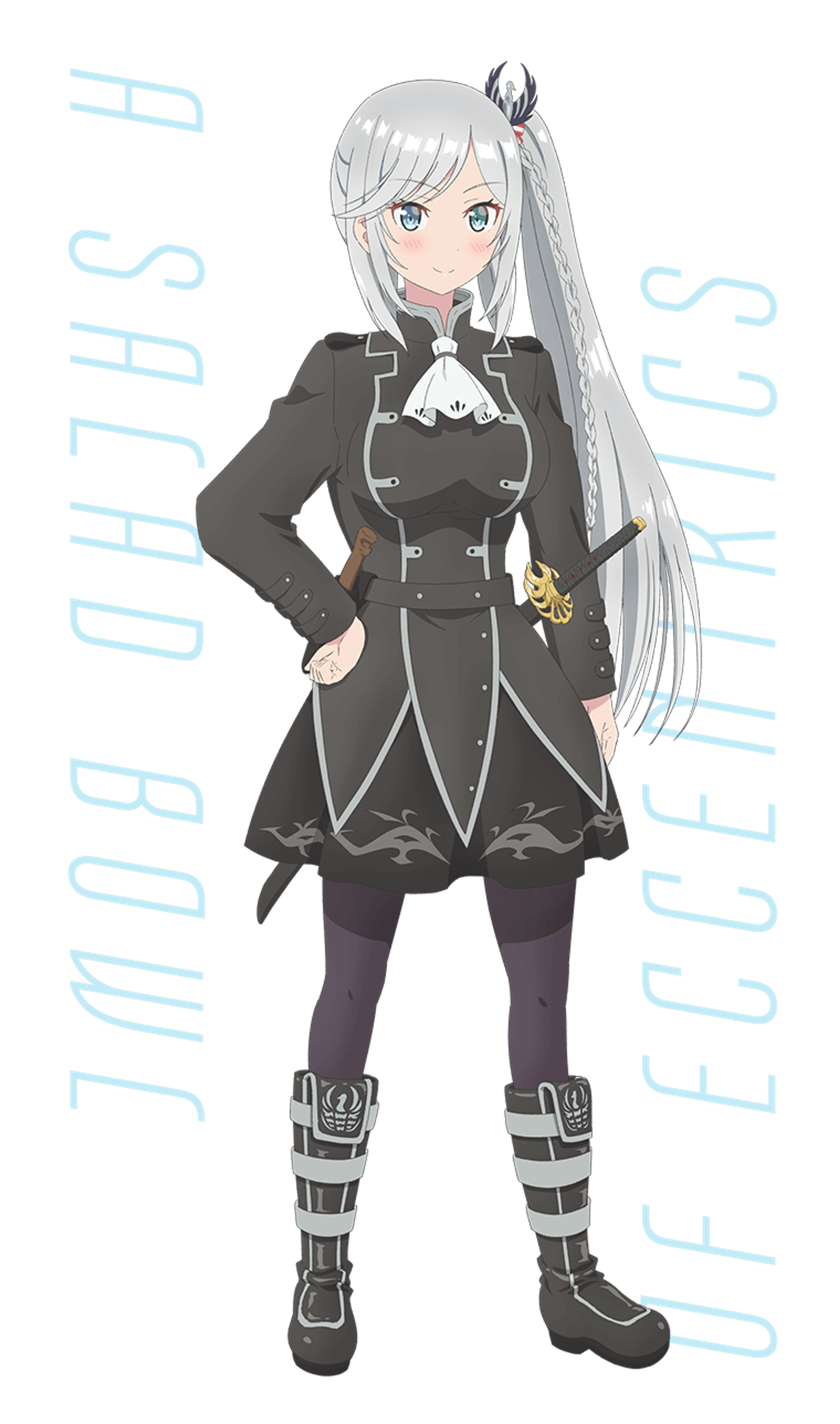 A young woman with silver hair and heterochromic eyes, wearing a dark gray outfit with armor-like elements and holding a sword.