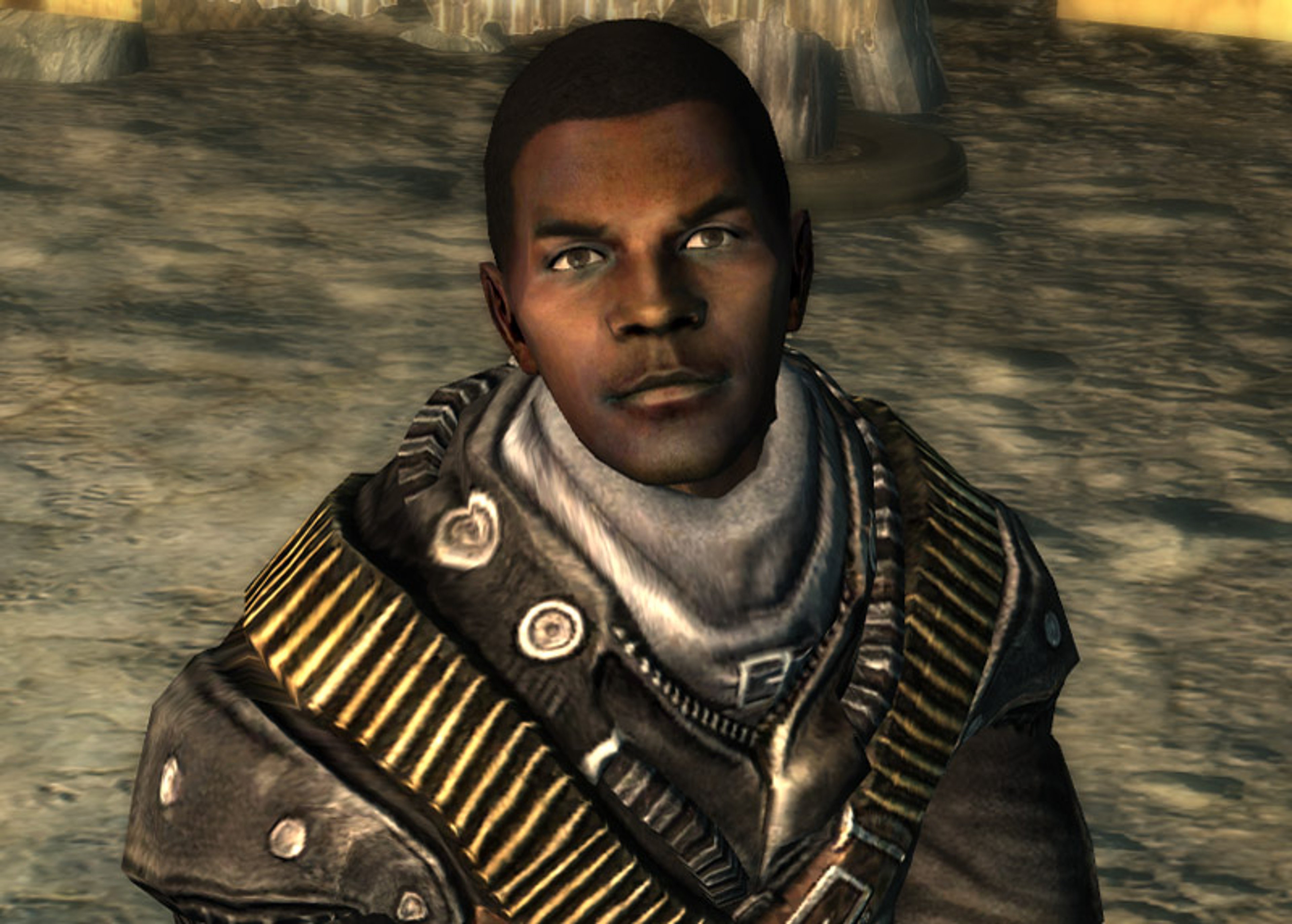 A serious-looking Black male character in a military-style outfit