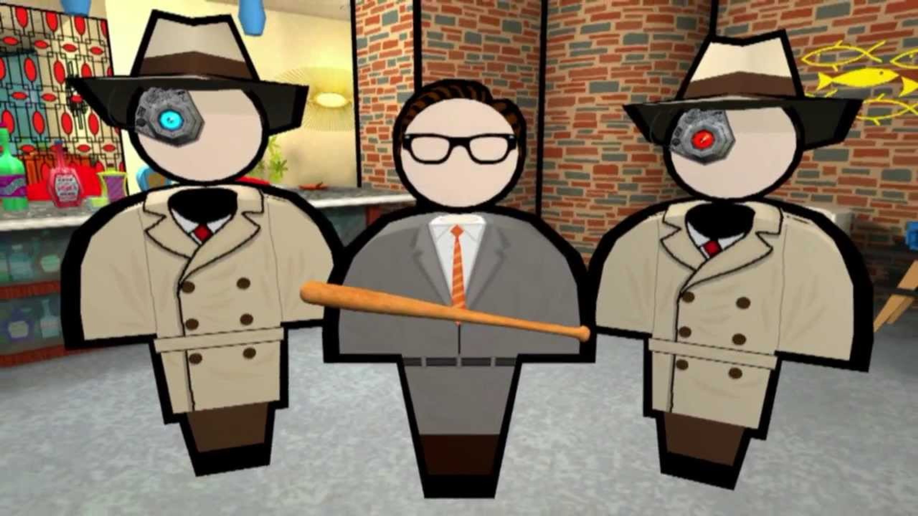 Three cartoon-style characters in suits and hats standing in an office setting