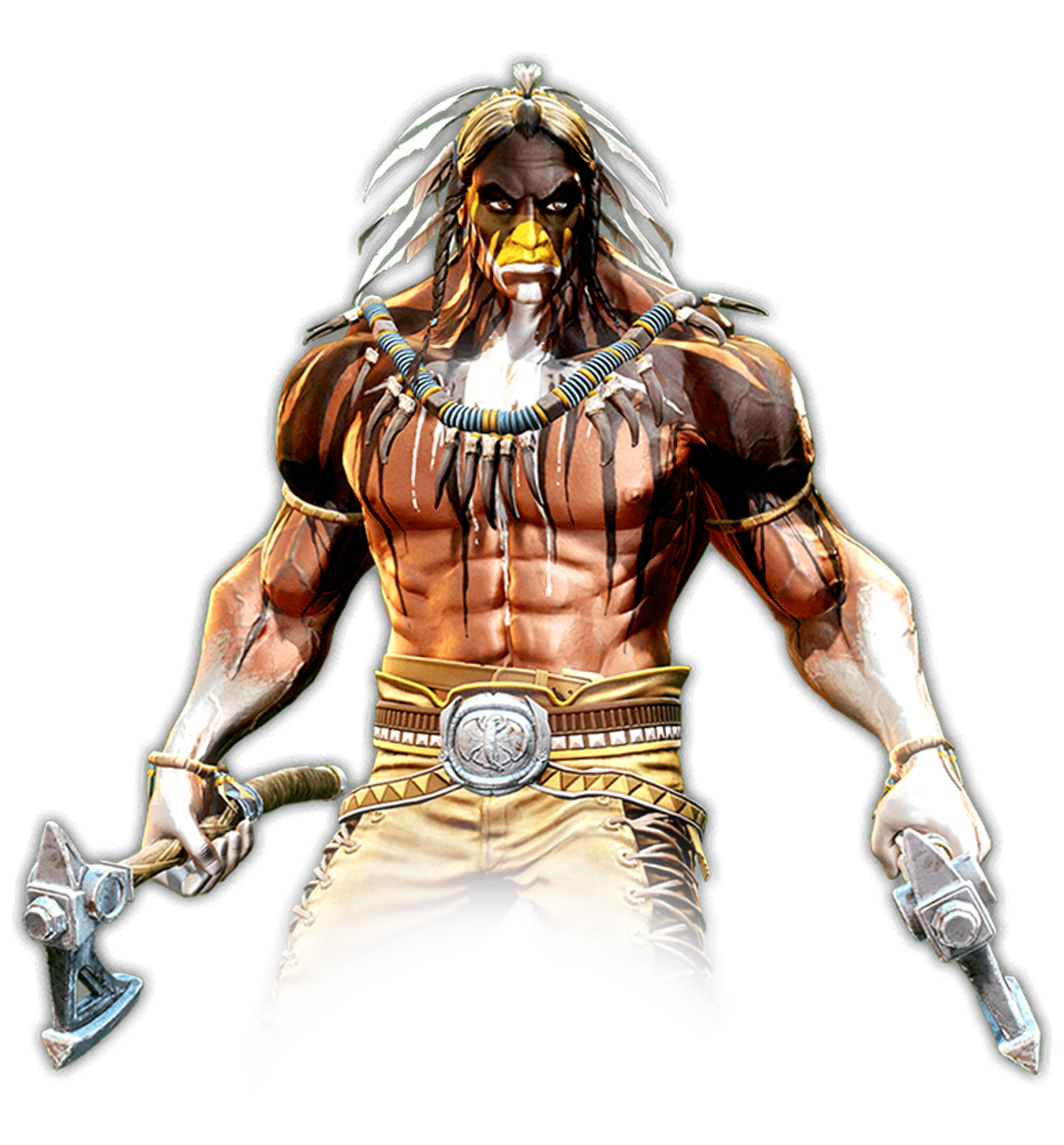 A powerful Nez Percé warrior named Thunder, standing tall and wielding traditional tomahawks.