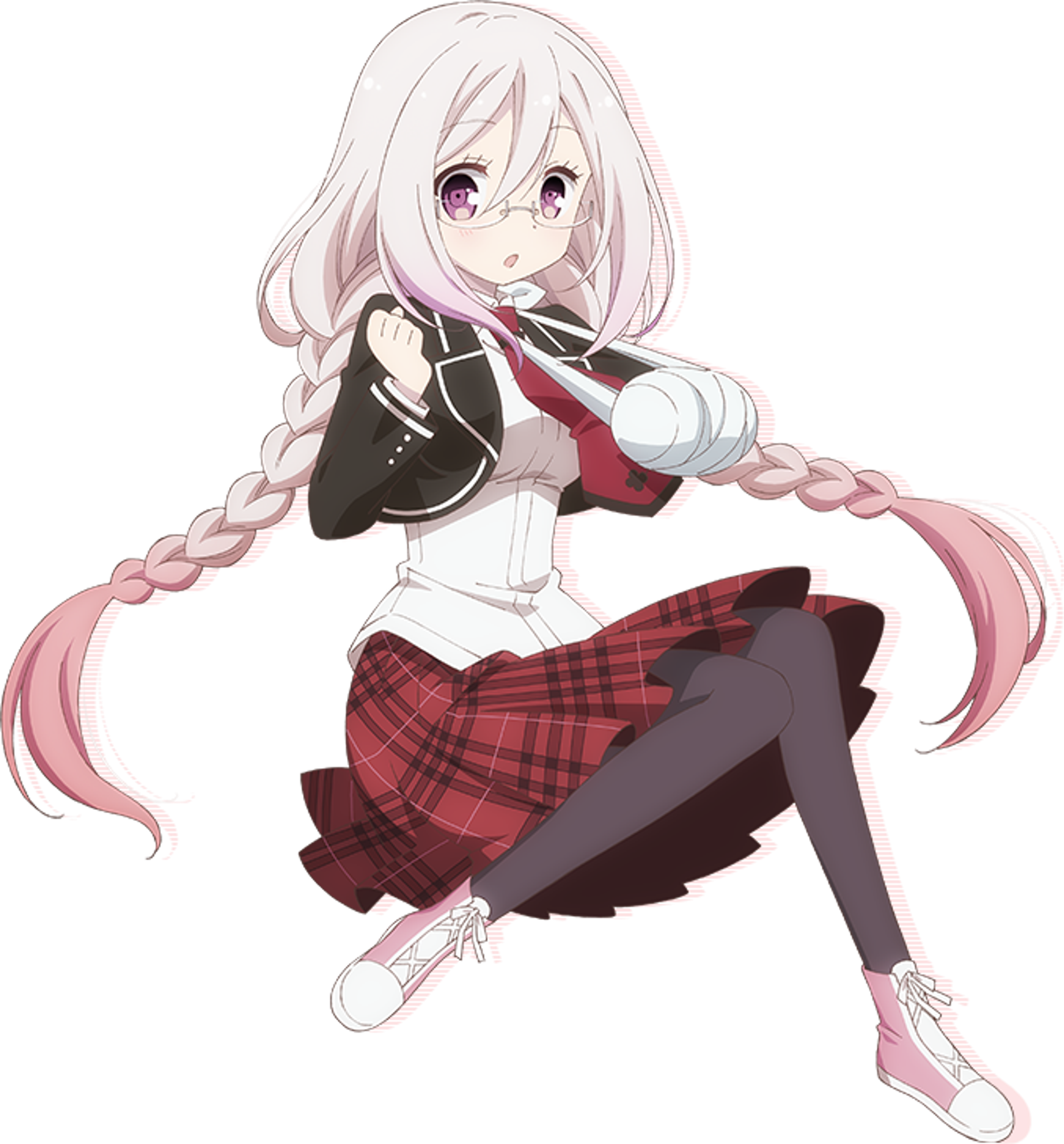 An anime-style character with a pale complexion, large bust, and dull pink-violet eyes hidden behind oval glasses. She has long, wavy hair in low braided twin-tails.