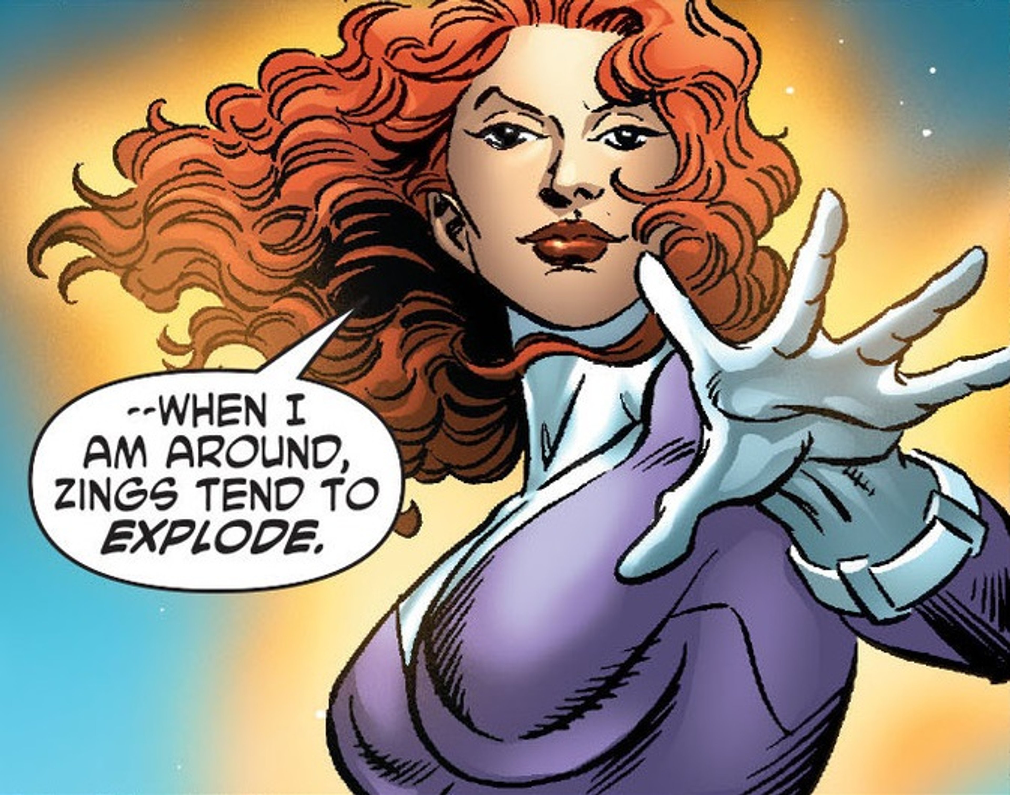 A woman with fiery red hair and piercing blue eyes, wearing a vibrant purple and pink costume and carrying herself with a dangerous confidence.