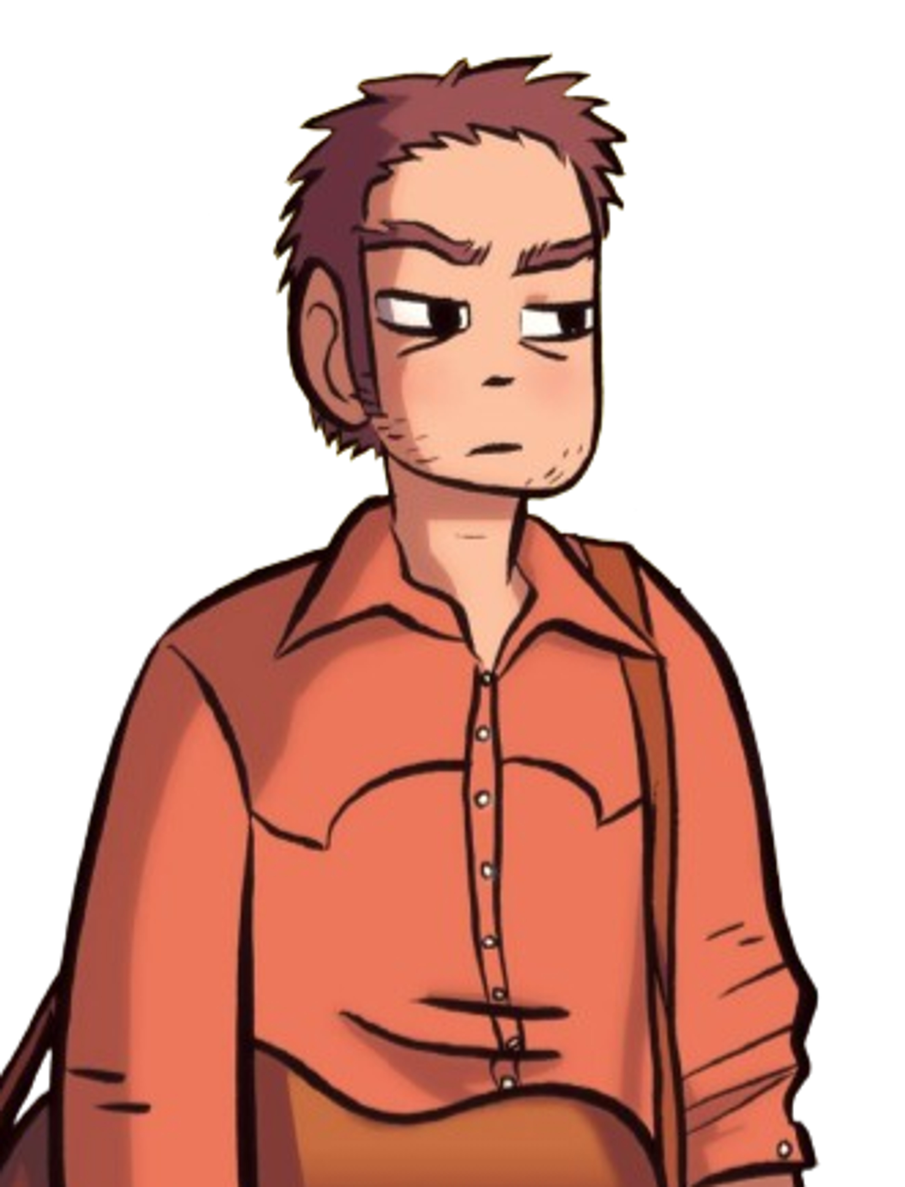 A young man with reddish-brown hair wearing a red button-up shirt