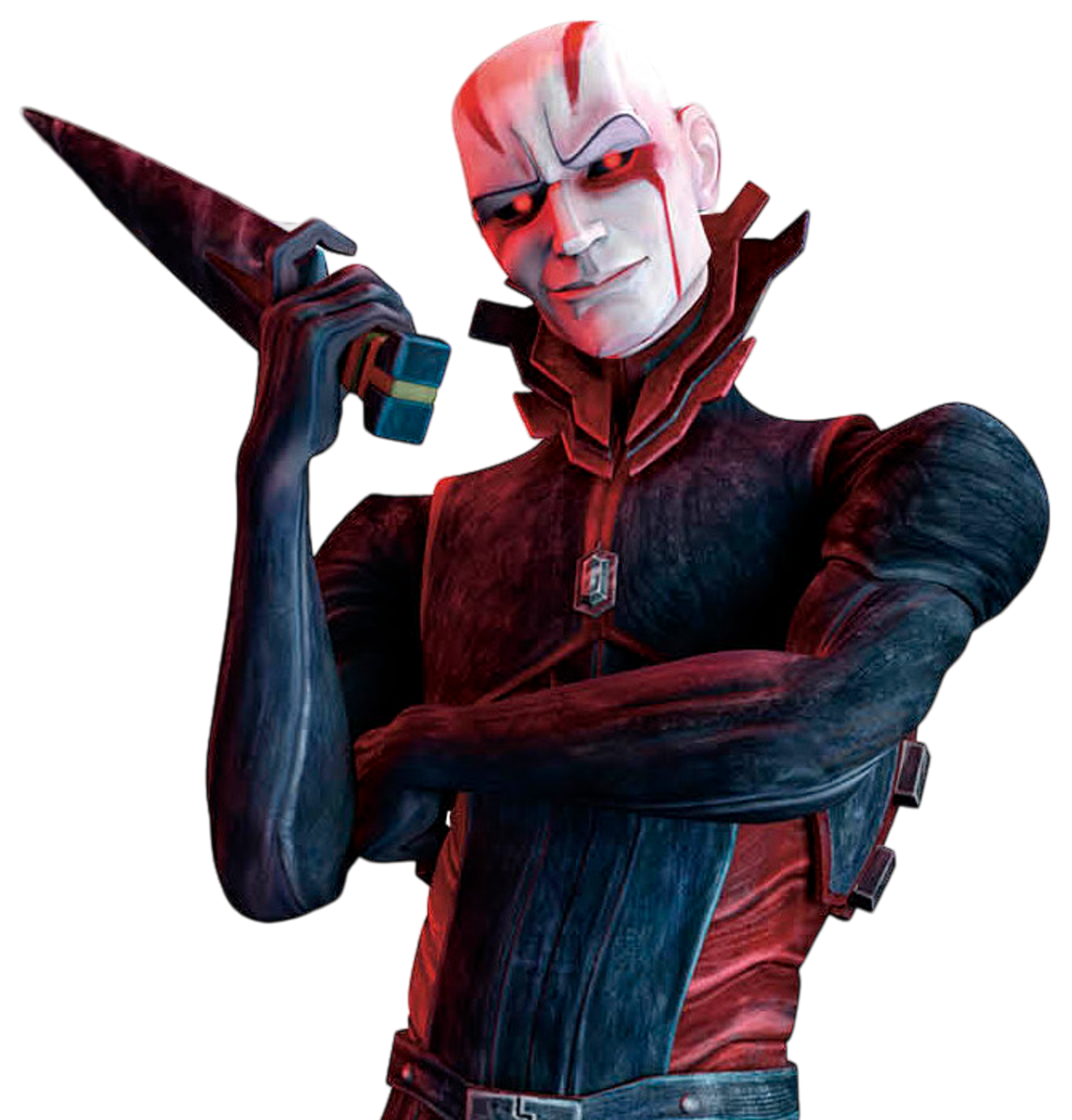 A powerful male Force wielder with red skin and glowing eyes, wielding a weapon