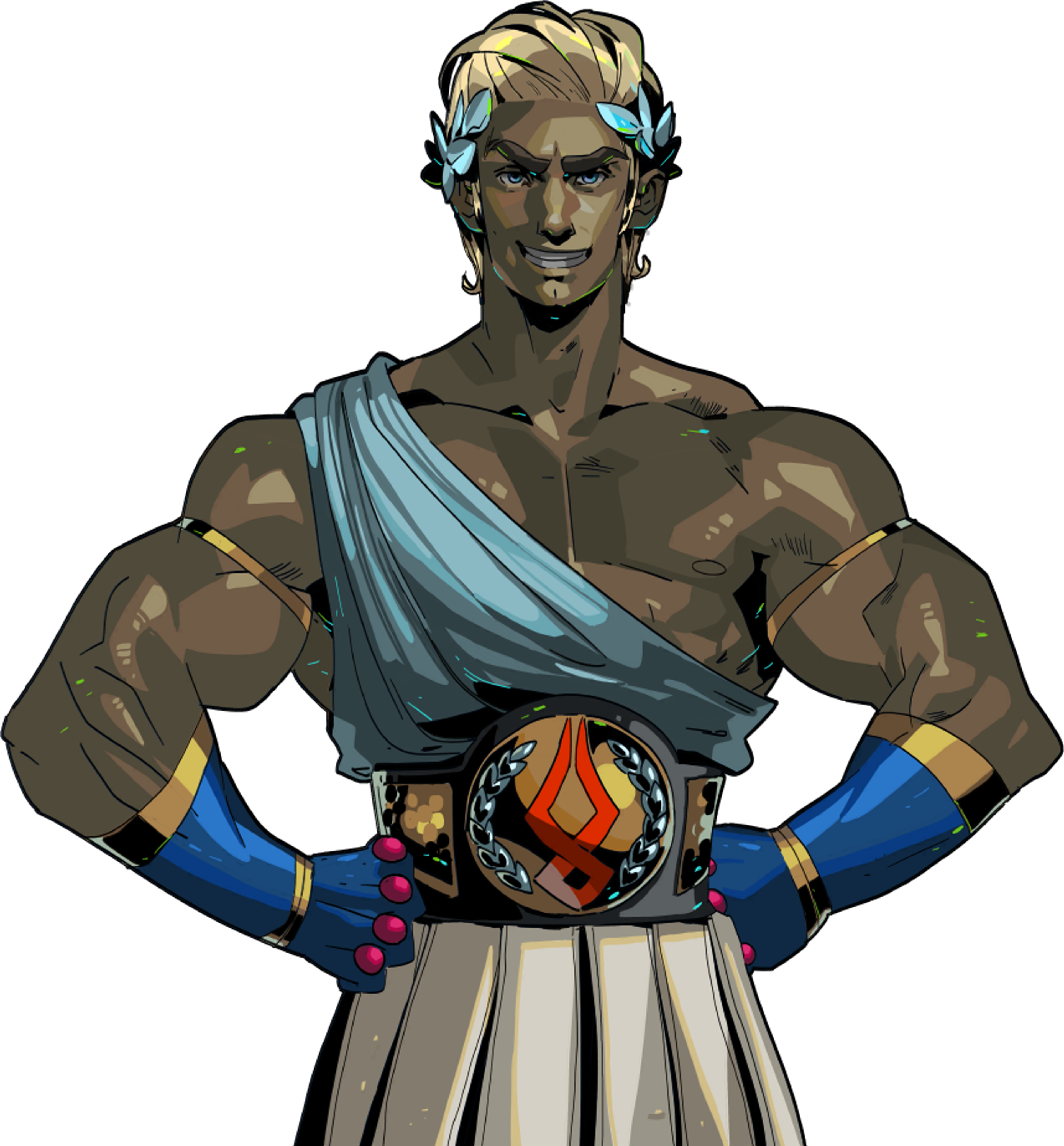 A muscular, shirtless male character in a heroic pose wearing a toga-like garment and ornate bracers.