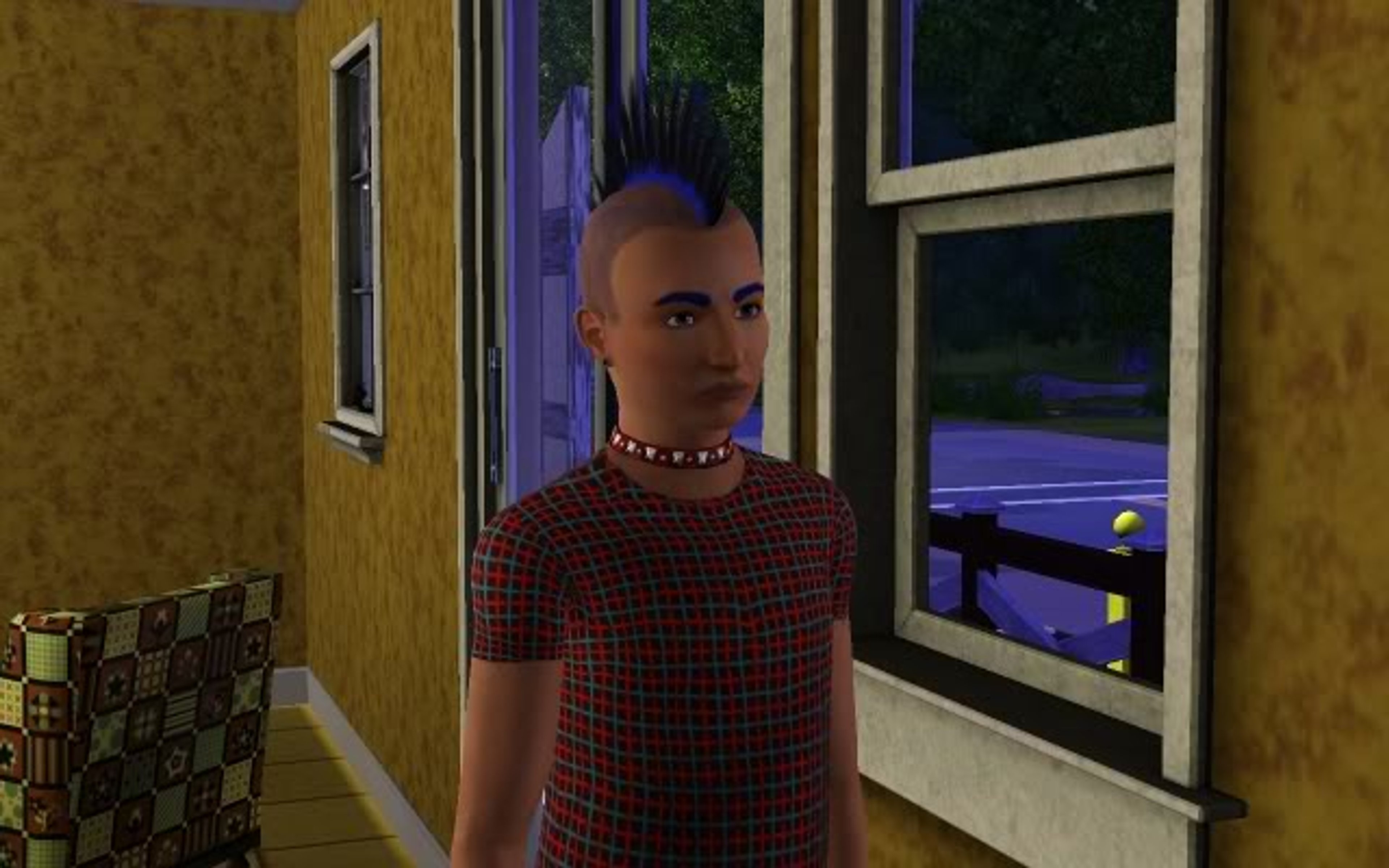 A rebellious teenager with dyed blue-black mohawk hair wearing an edgy outfit