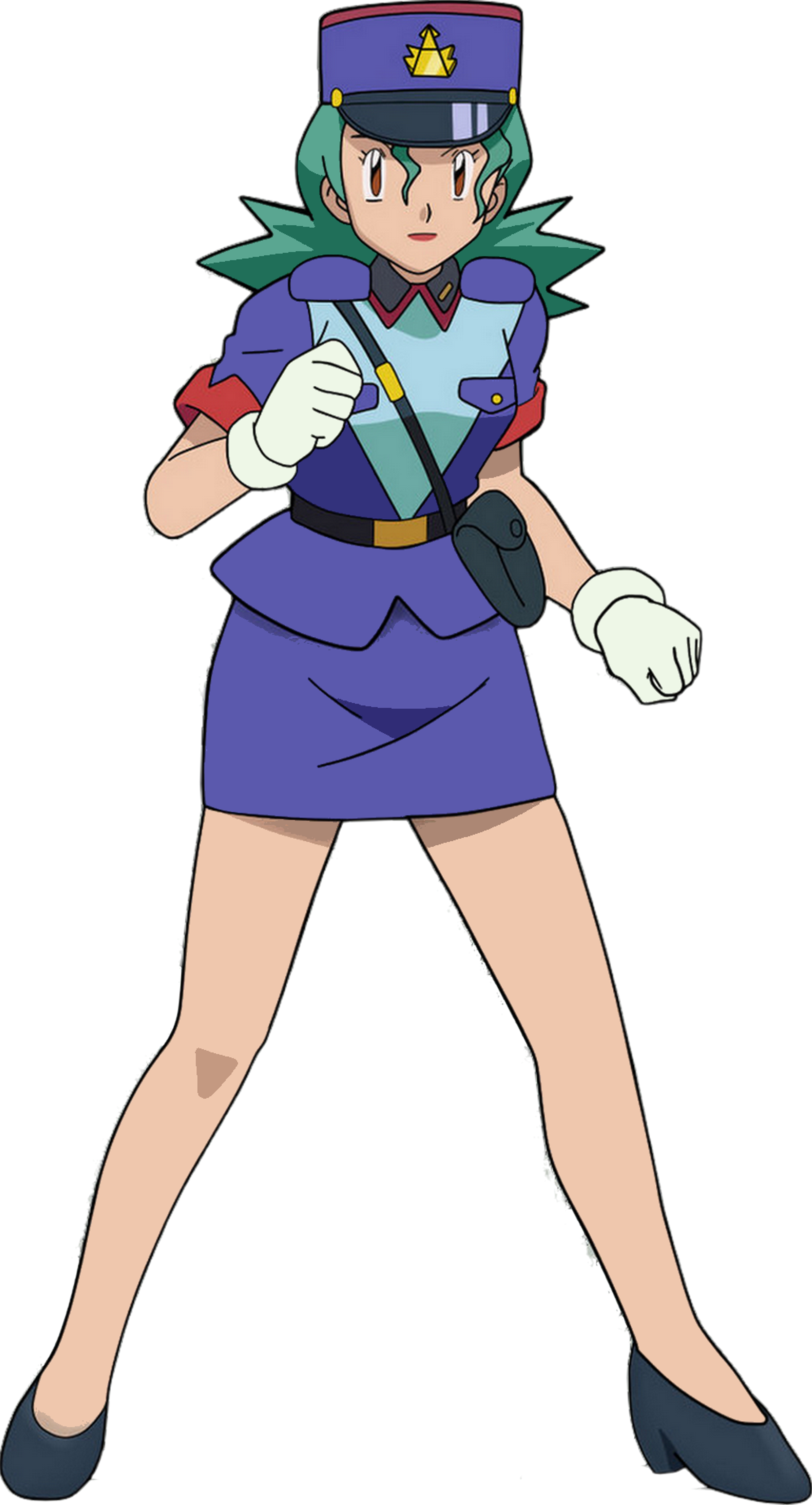 An anime-style female police officer character in a blue uniform, standing in a confident pose.