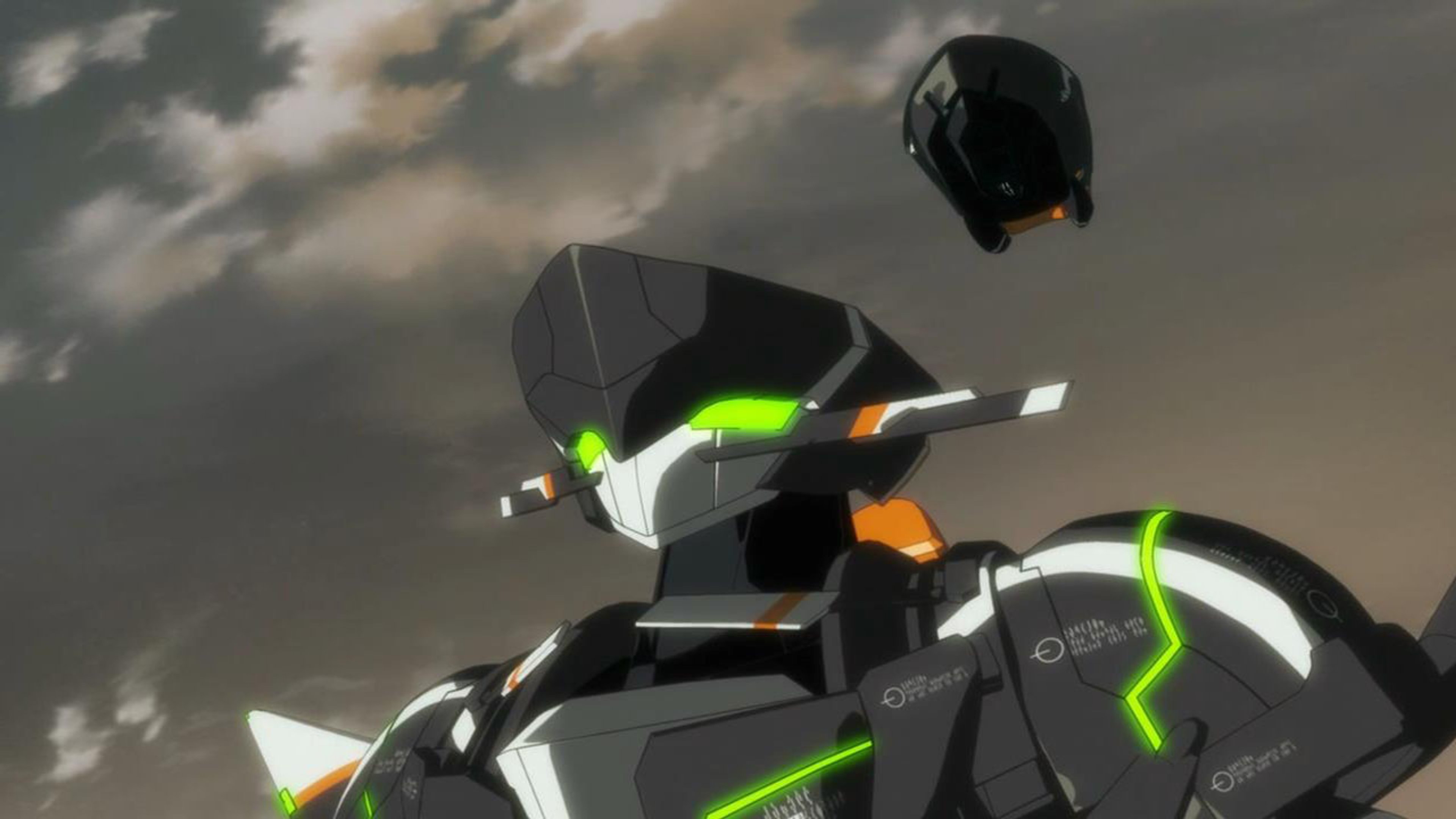 A massive, heavily armed robotic mech floating in a cloudy sky