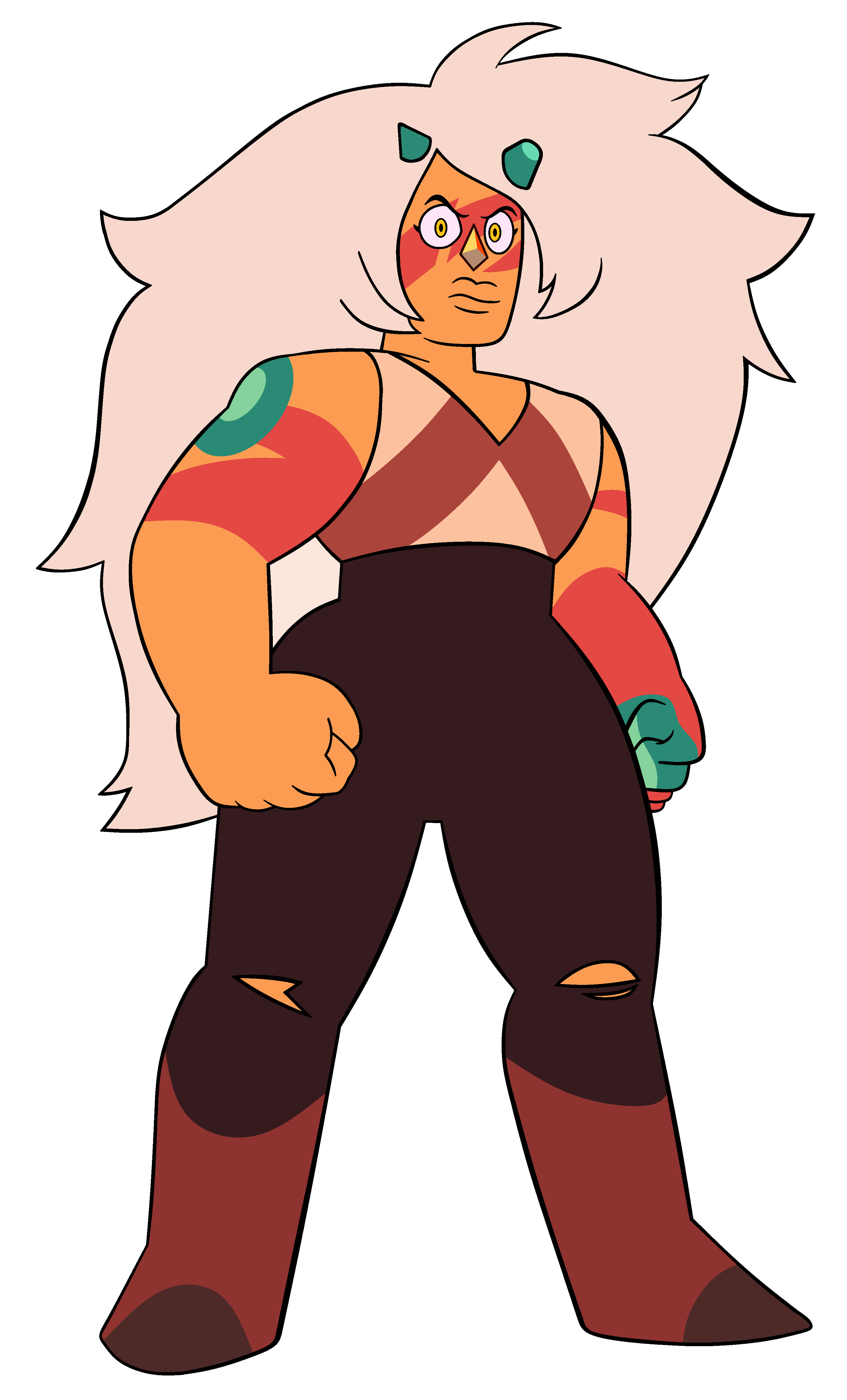 A powerful, muscular Gem warrior character with pink skin, long white hair, and a horn-like protrusion on their head.