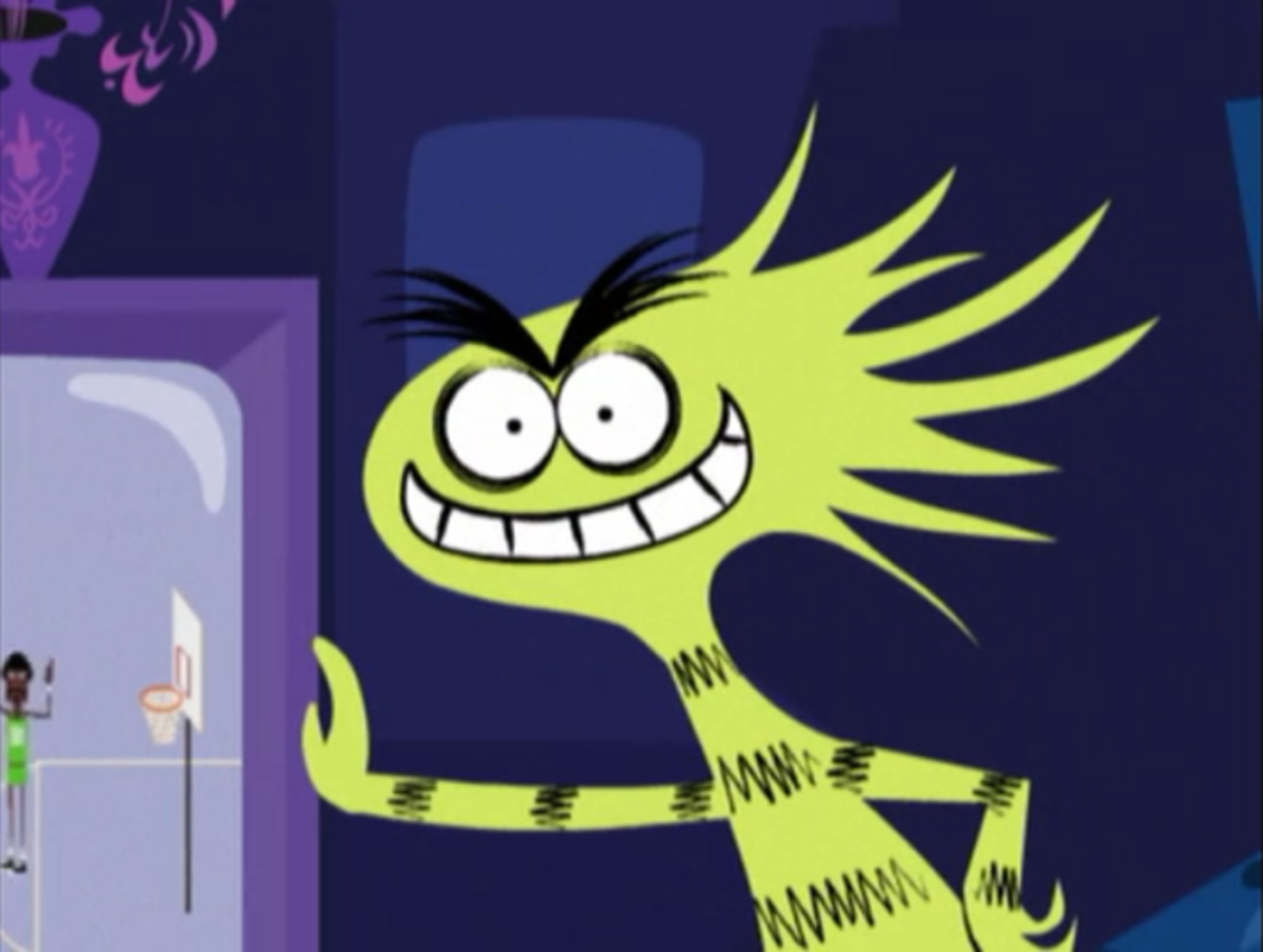 An animated character with a spiky green hairstyle and black stripes