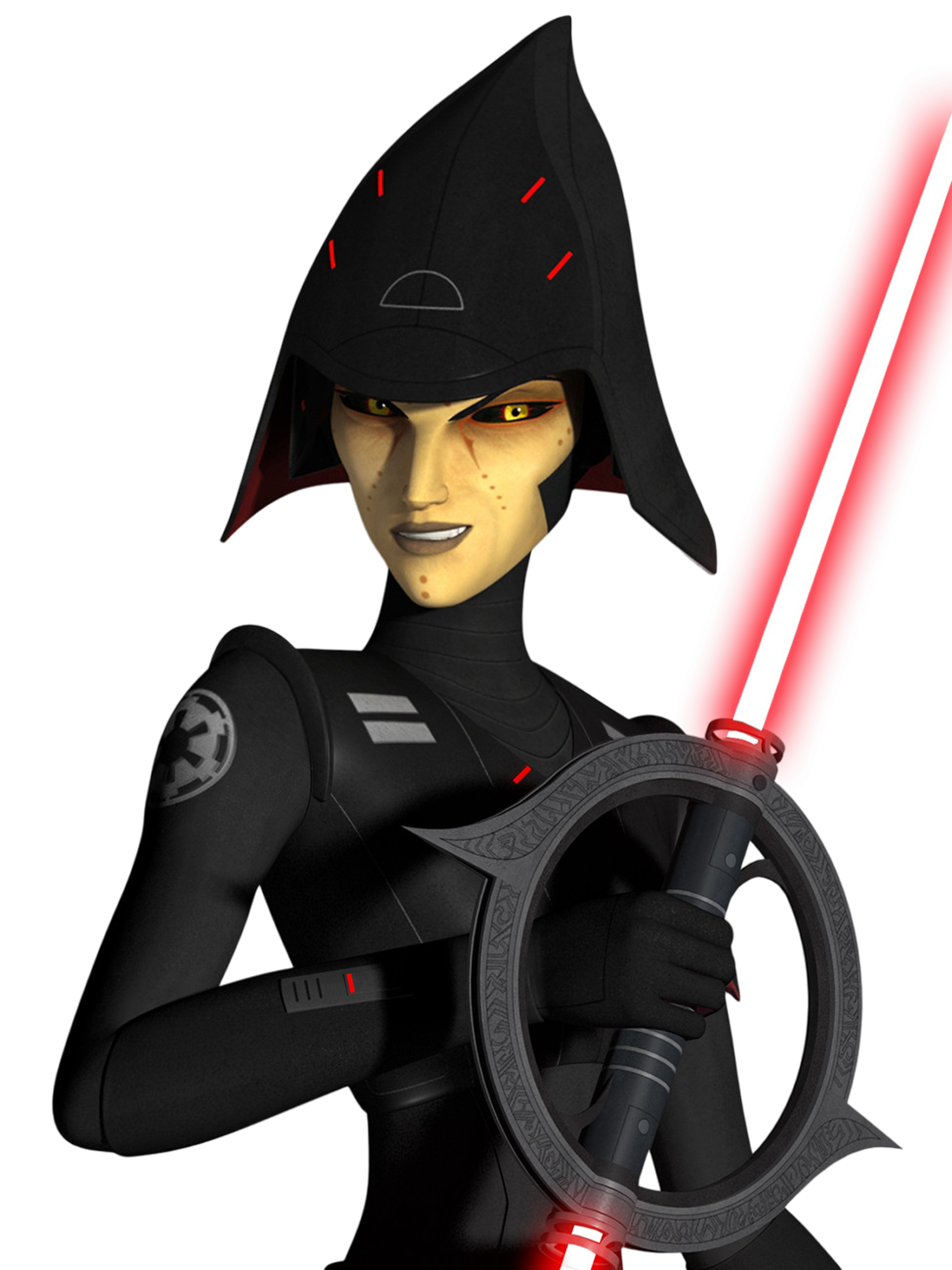 A female Mirialan Imperial Inquisitor in black armor holding a red lightsaber