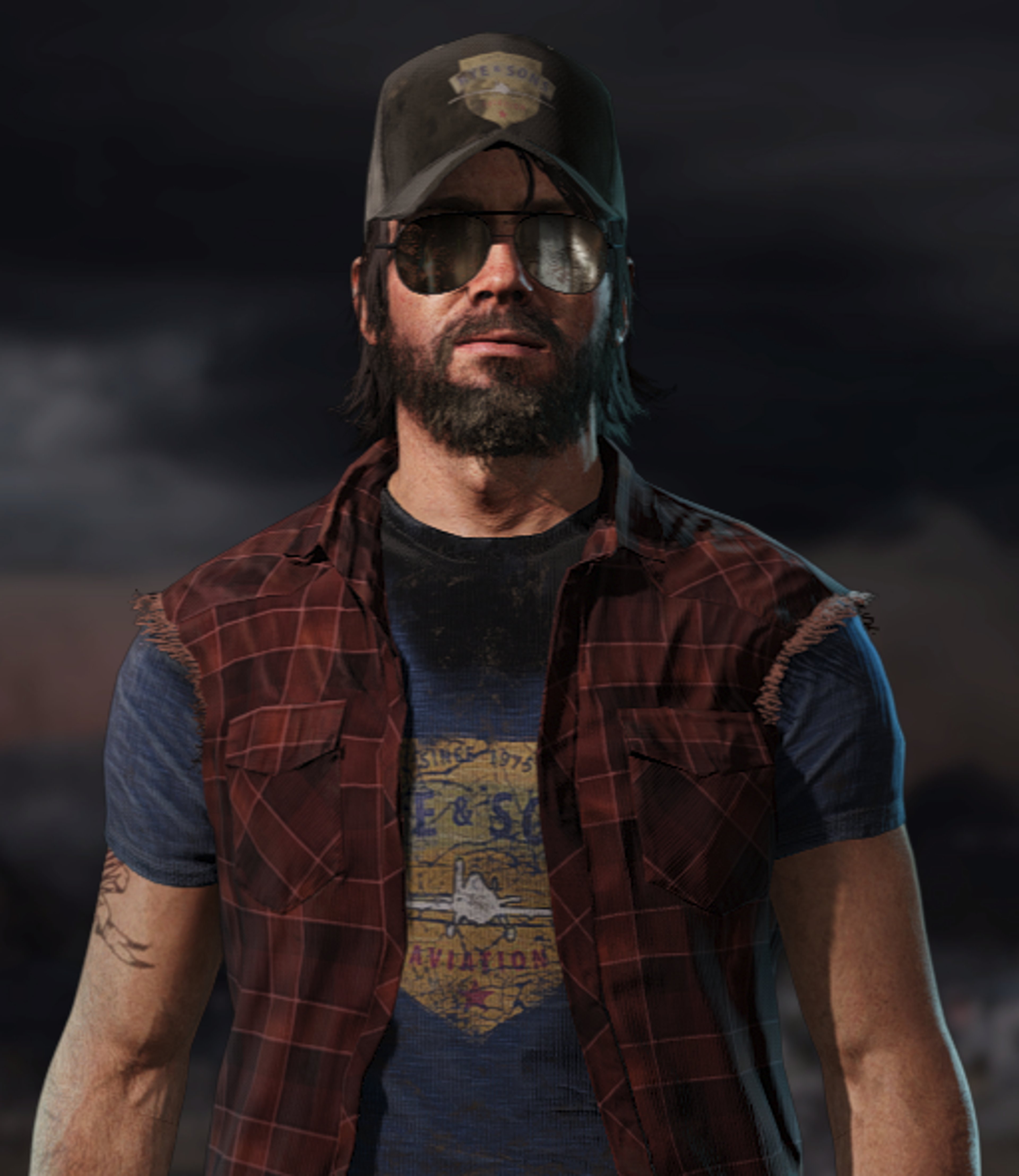 A rugged, bearded man in a plaid shirt and baseball cap in a post-apocalyptic setting