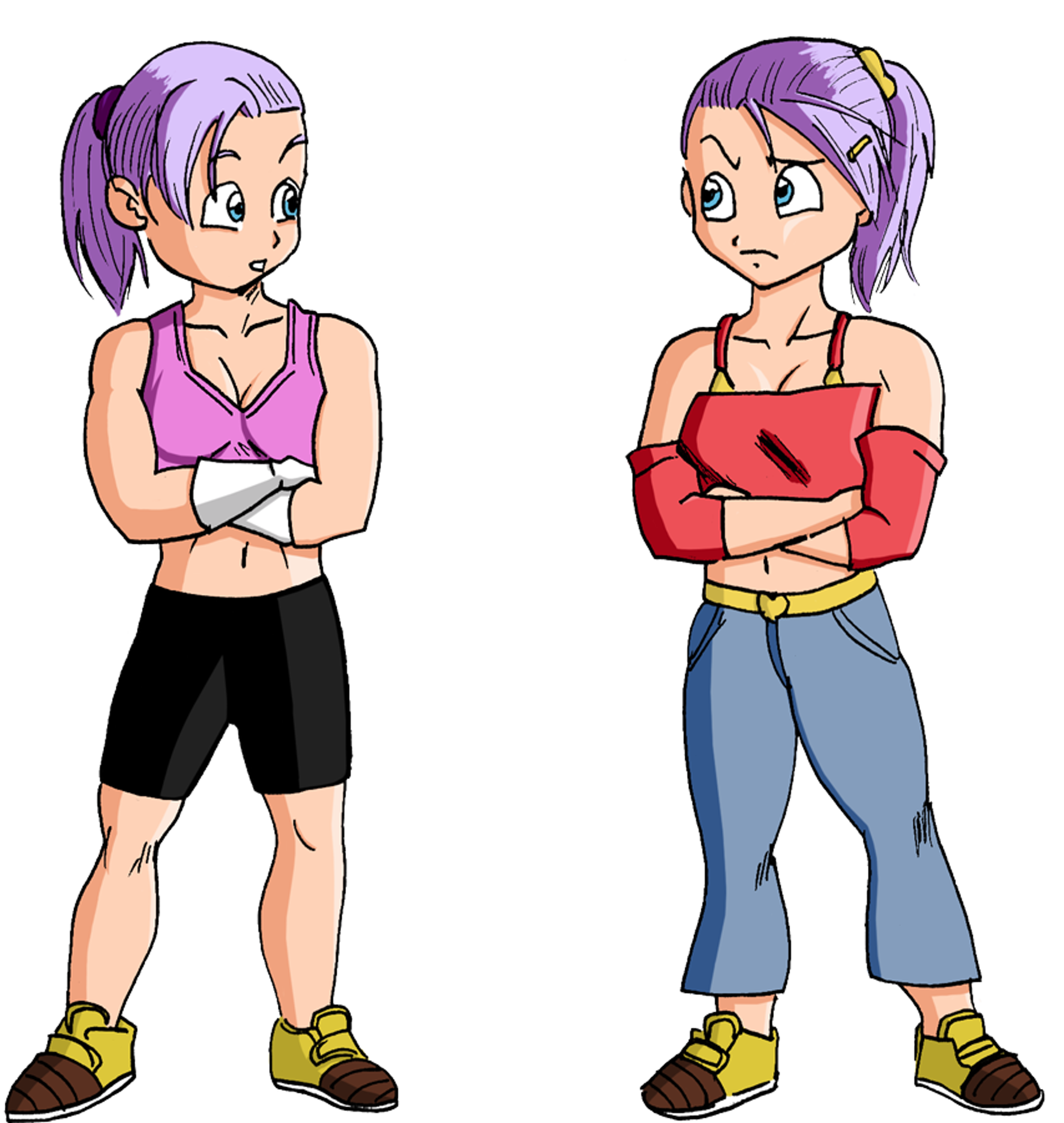 Two anime-style teenage female characters with purple hair