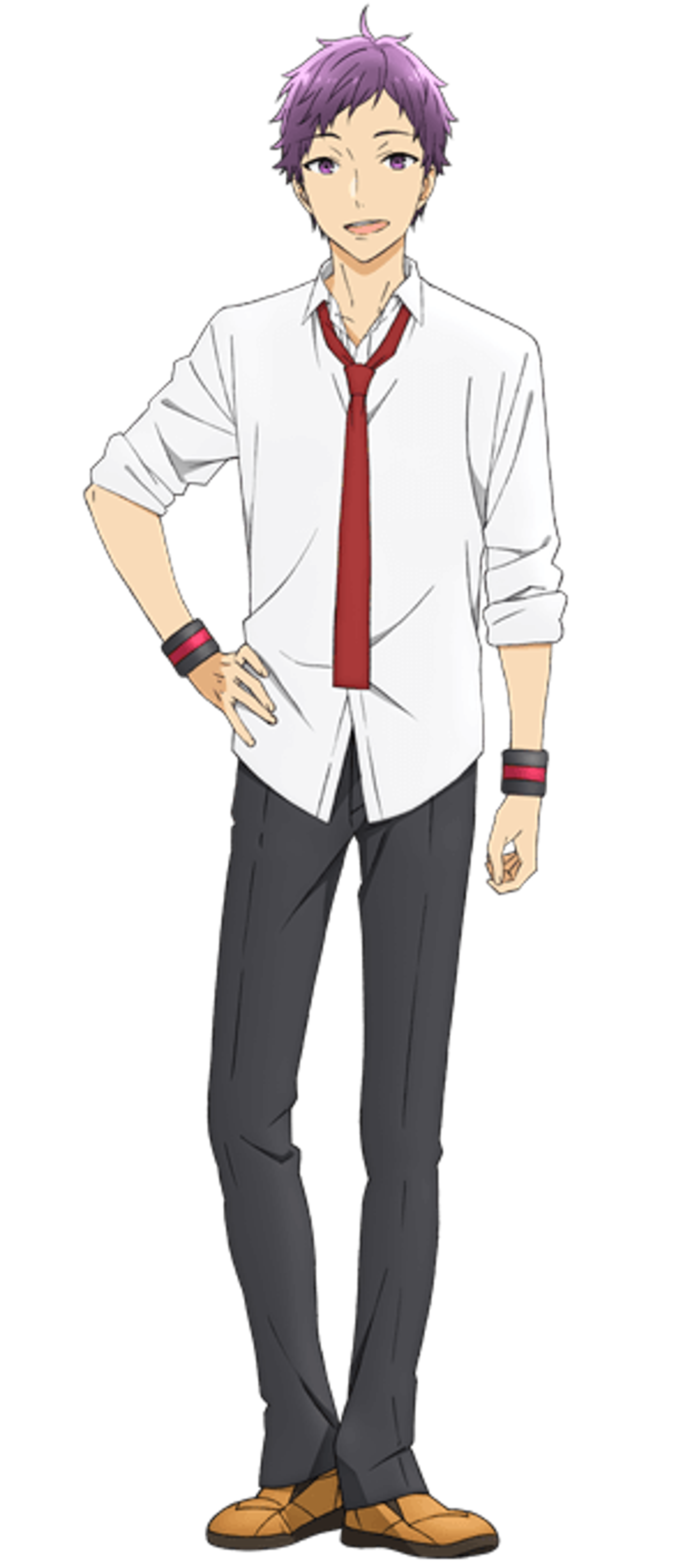 A young man with purple hair and eyes wearing a white shirt and red tie