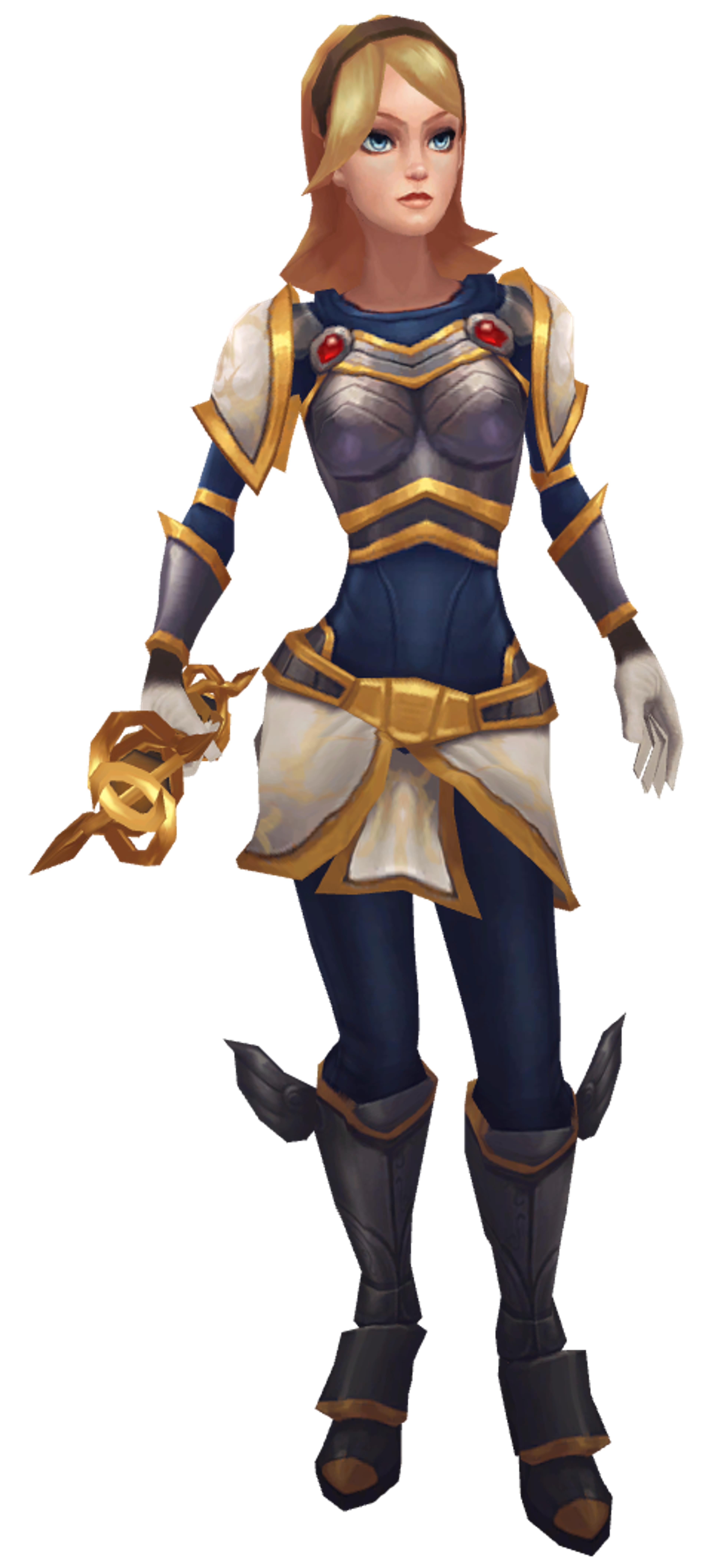 A young woman in a blue and gold outfit holding a staff or wand-like object