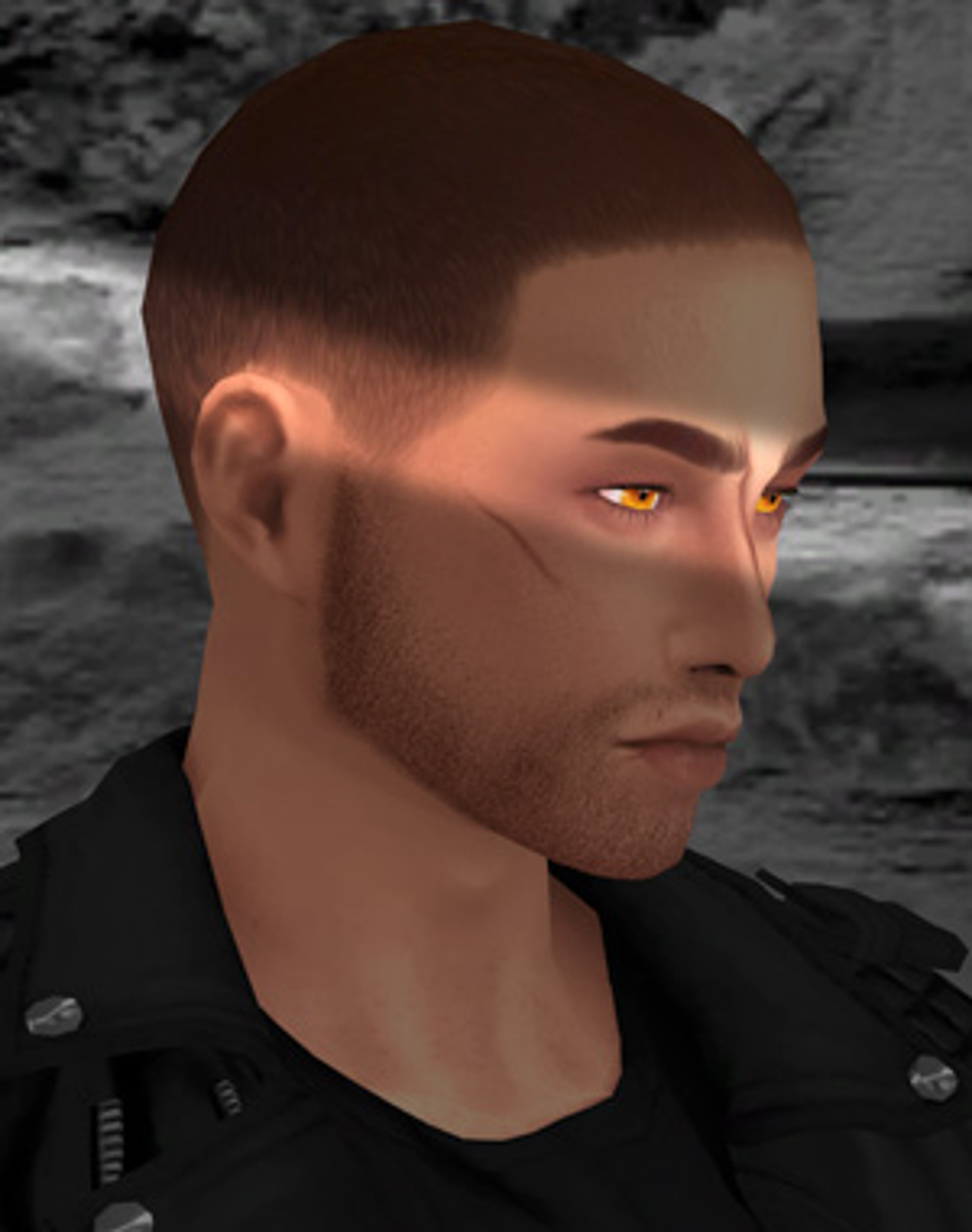 A male character with a scarred, intense facial expression wearing a black leather jacket