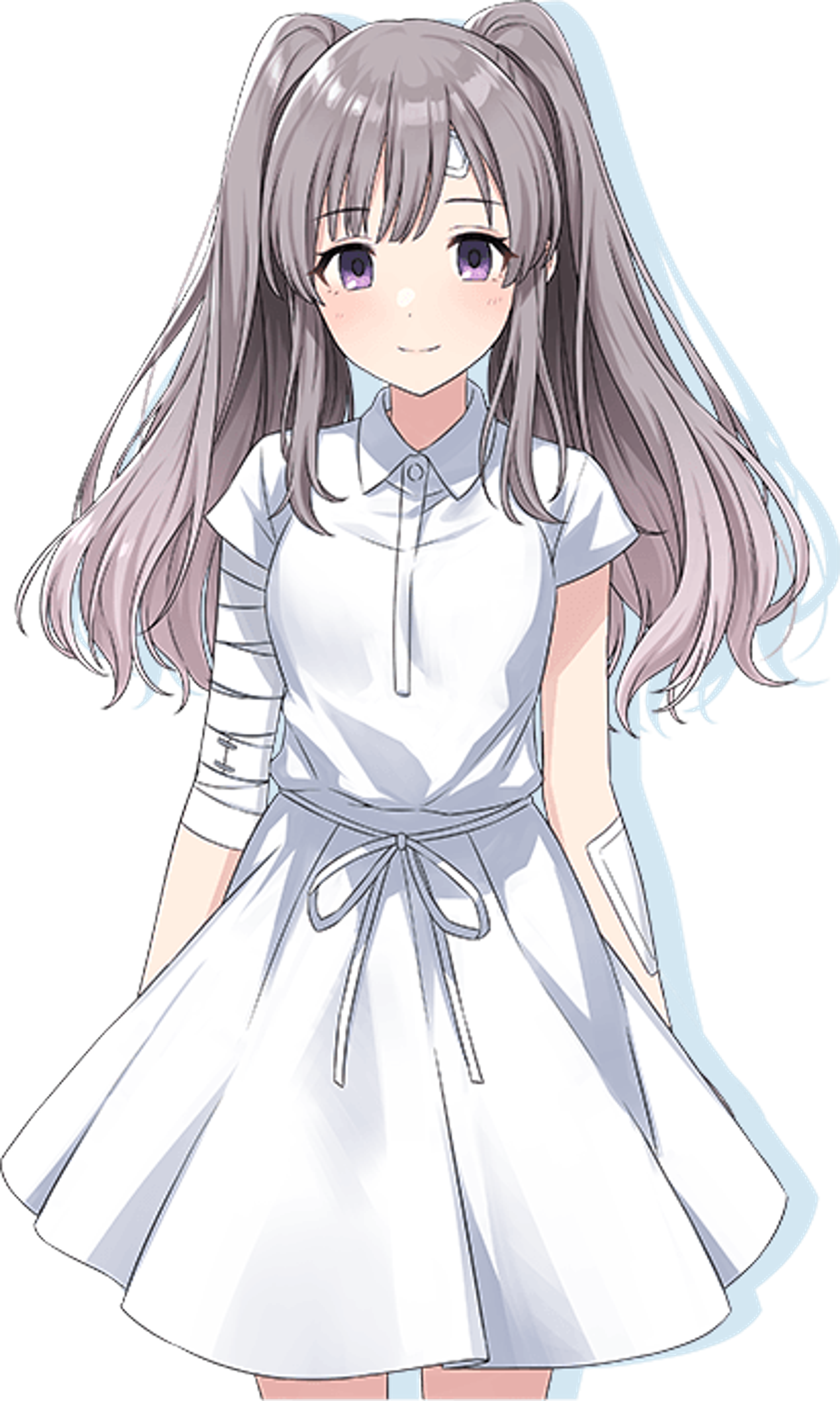 An anime-style girl with long ash-colored hair in twintails, wearing a white dress with bandages.