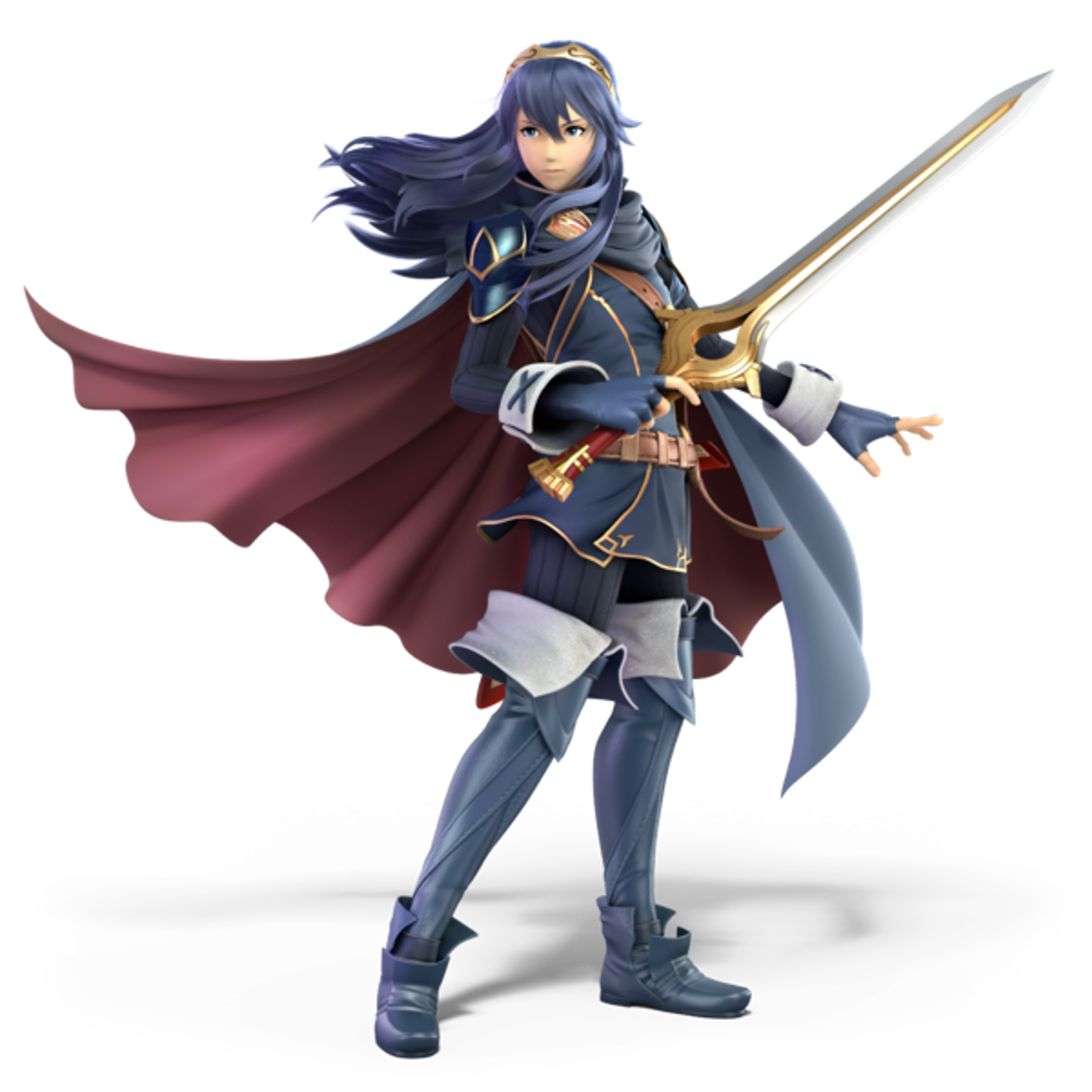A young woman with blue hair in a fighting stance, holding a sword.