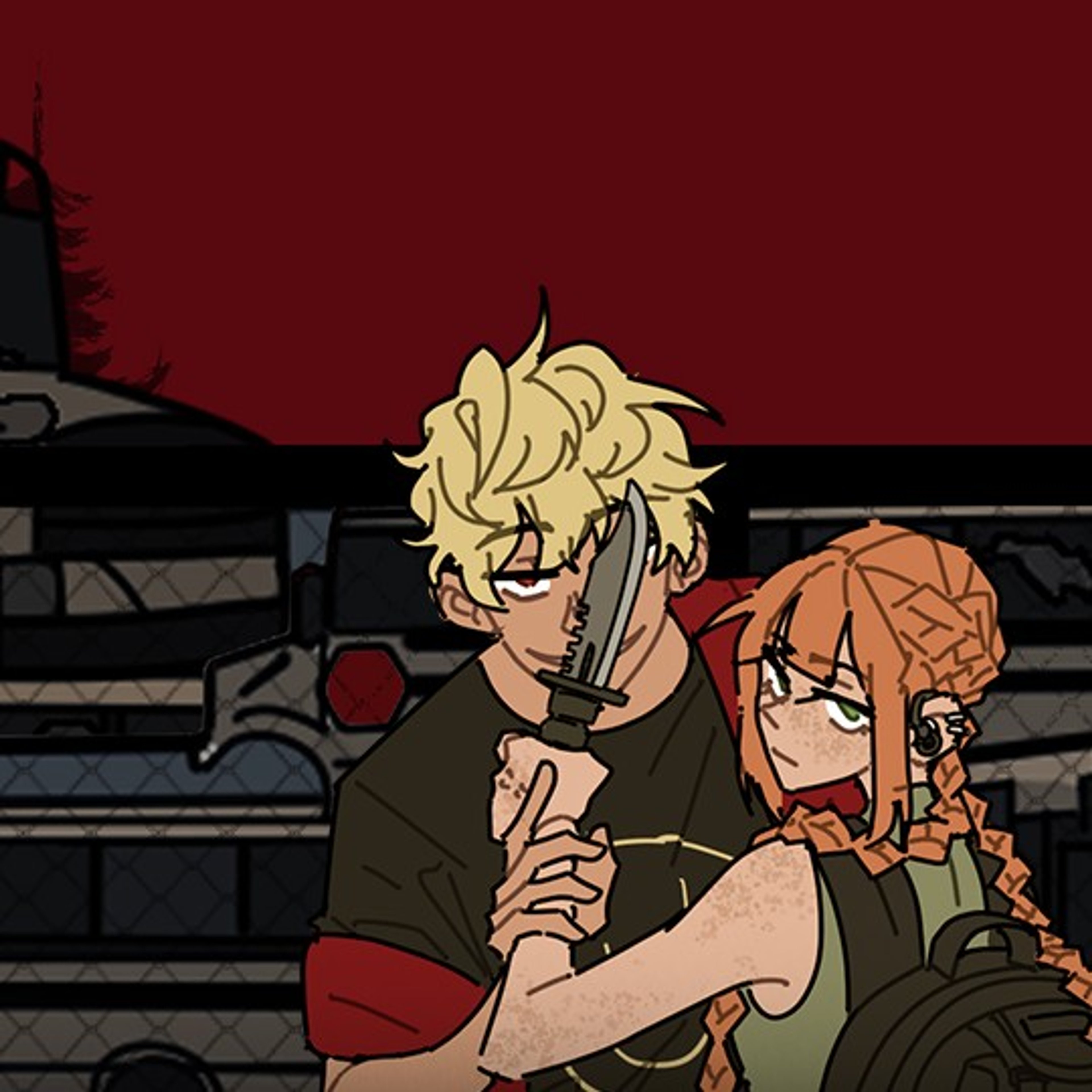 Two anime-style characters, a blonde girl and a brown-haired boy, standing together in a dark, supernatural setting.