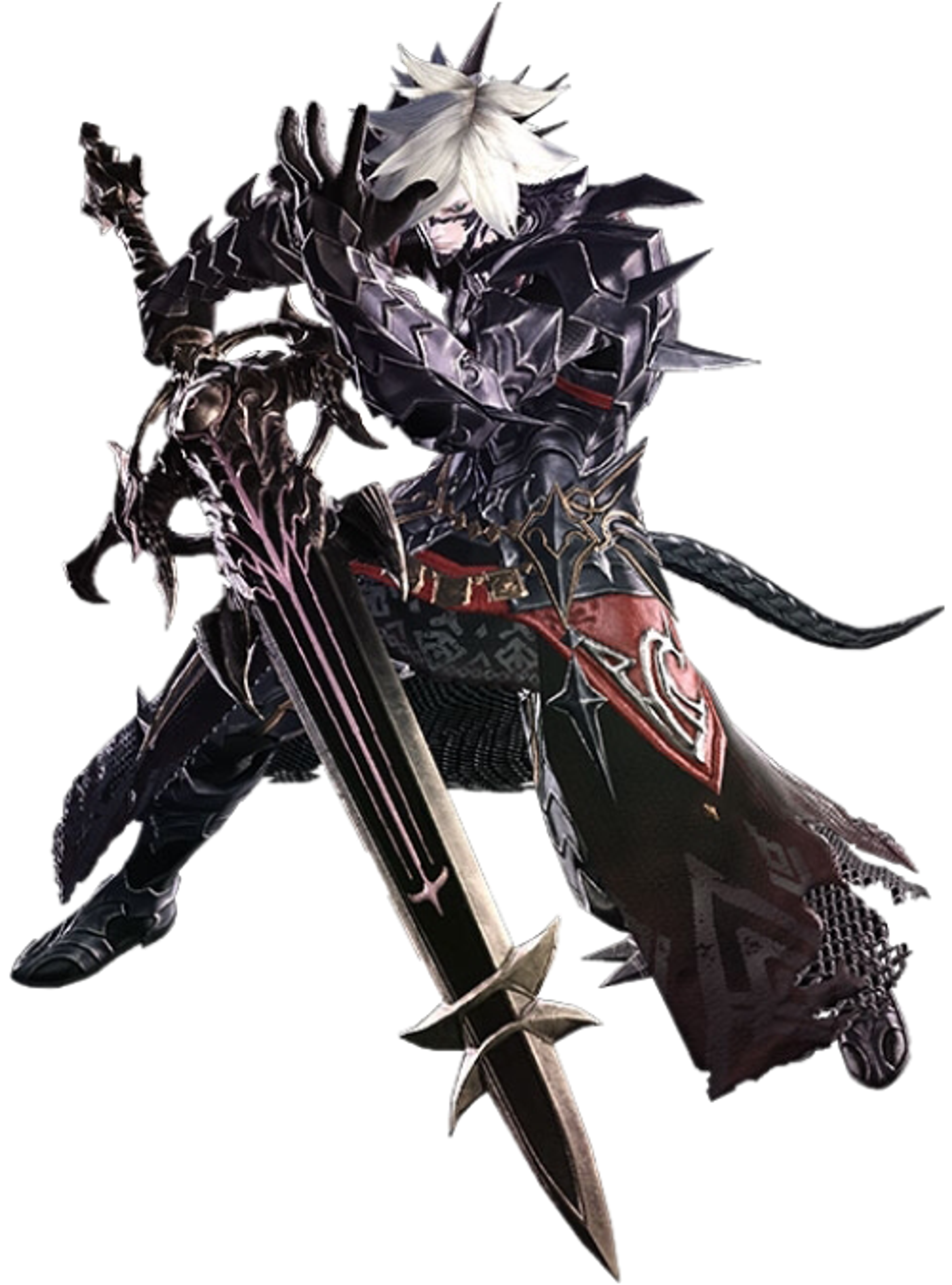 A dark, imposing fantasy character in dark armor wielding a large sword