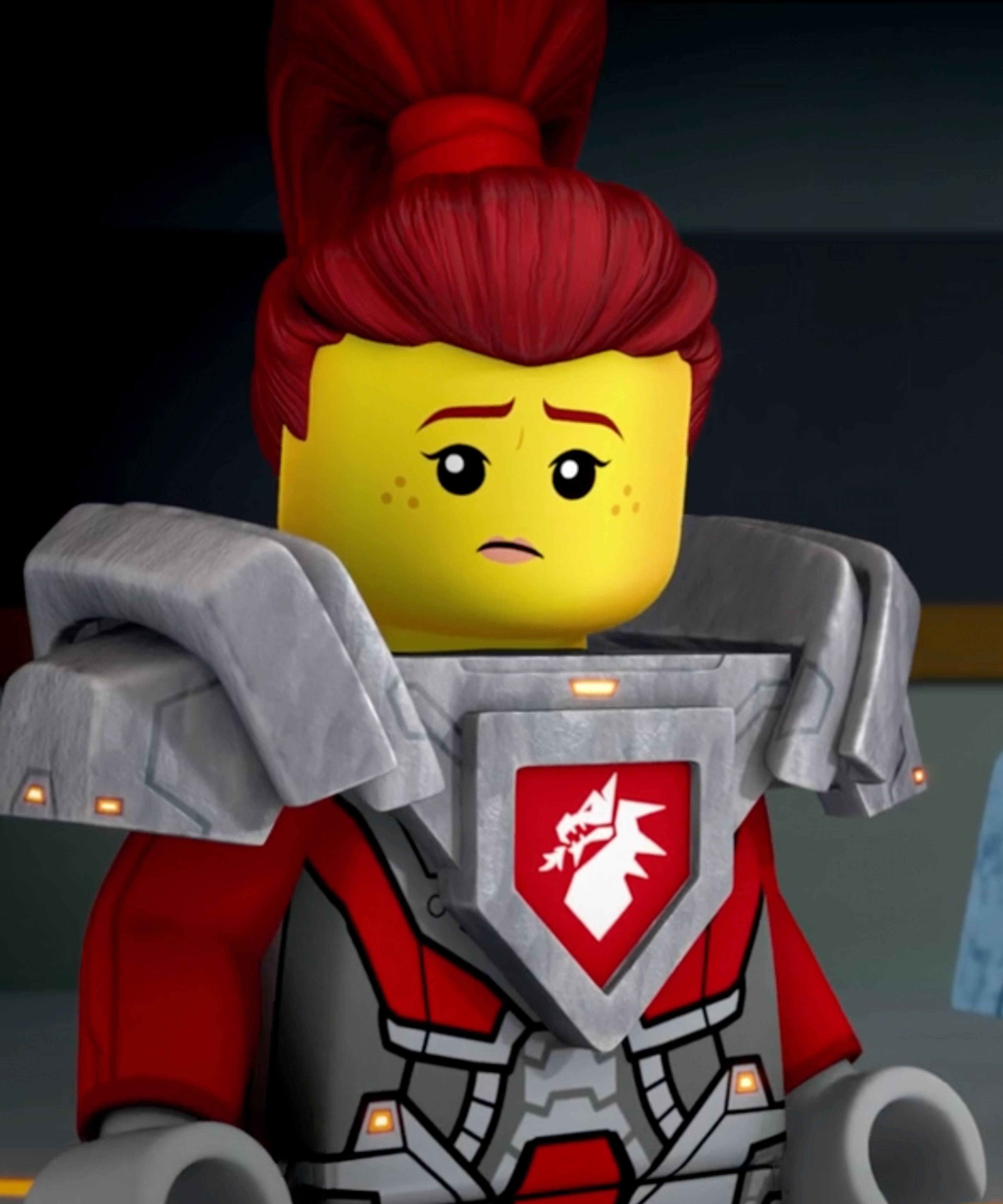 A LEGO minifigure of a female knight with red hair and a determined expression, wearing a red and gray knight's uniform.