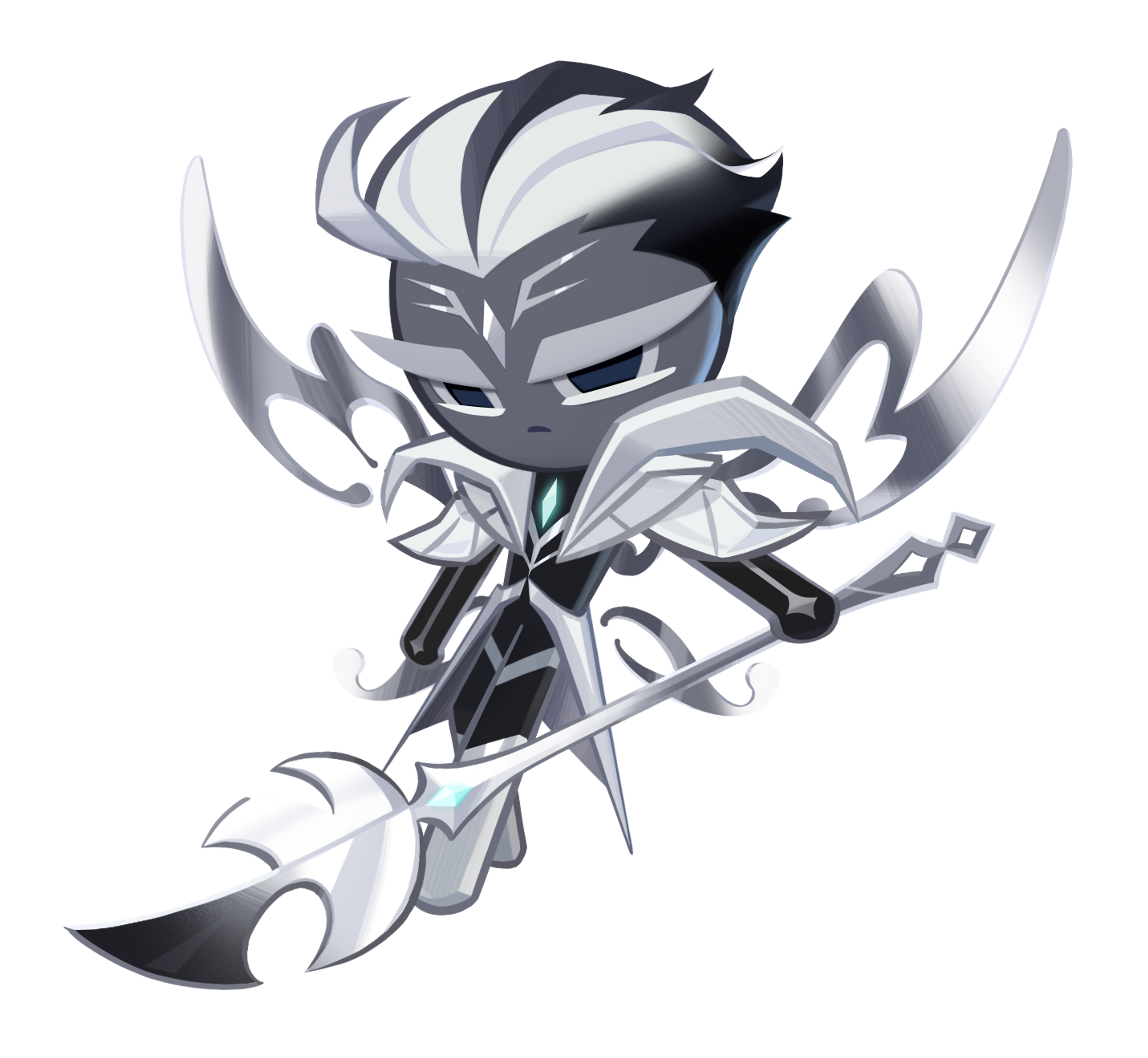 A detailed, stylized character design of a silver, knight-like figure with a large, ornate helmet and flowing cape.