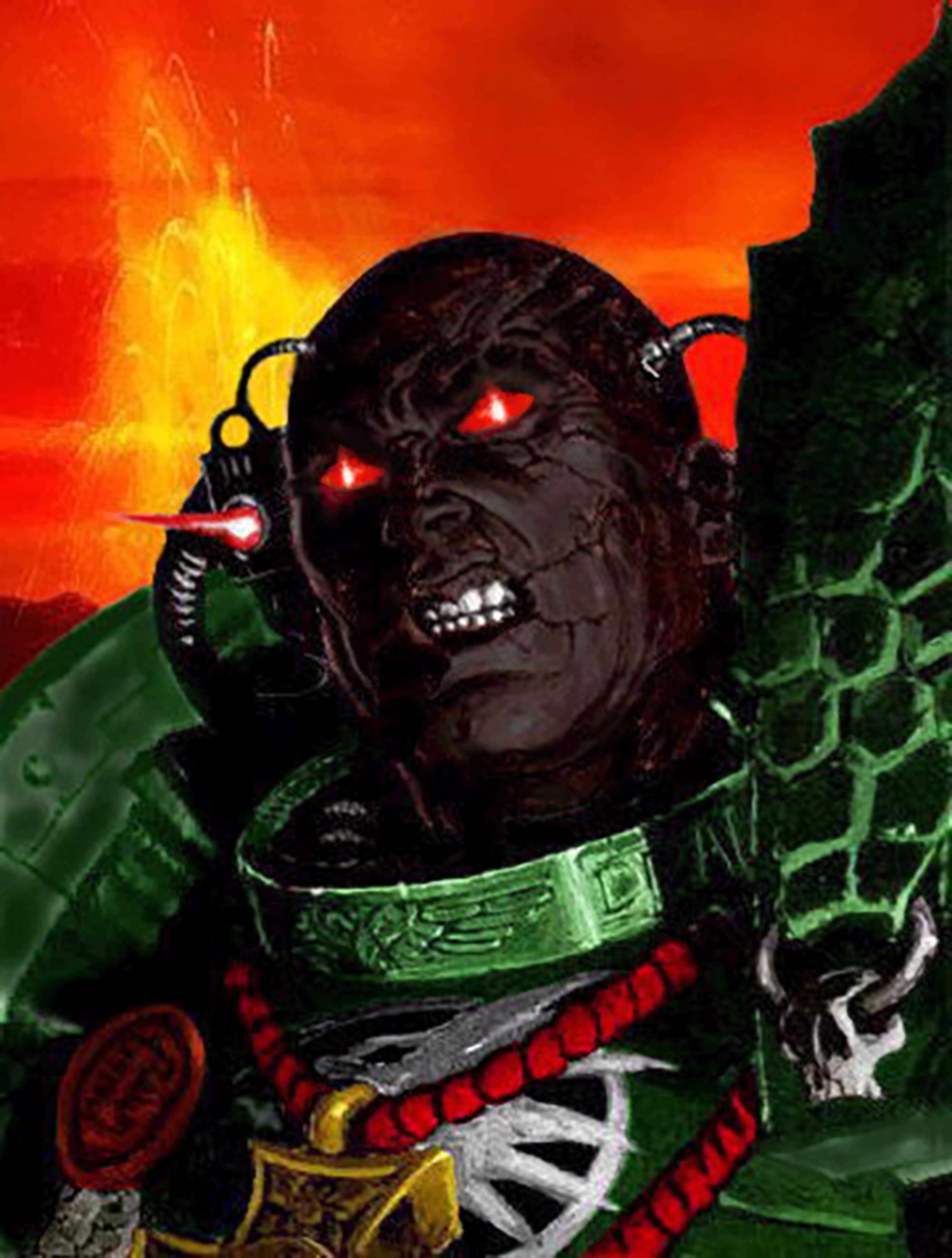A heavily armored and muscular humanoid figure with dark skin, glowing red eyes, and a fierce expression, holding a large weapon in a fiery, apocalyptic landscape.