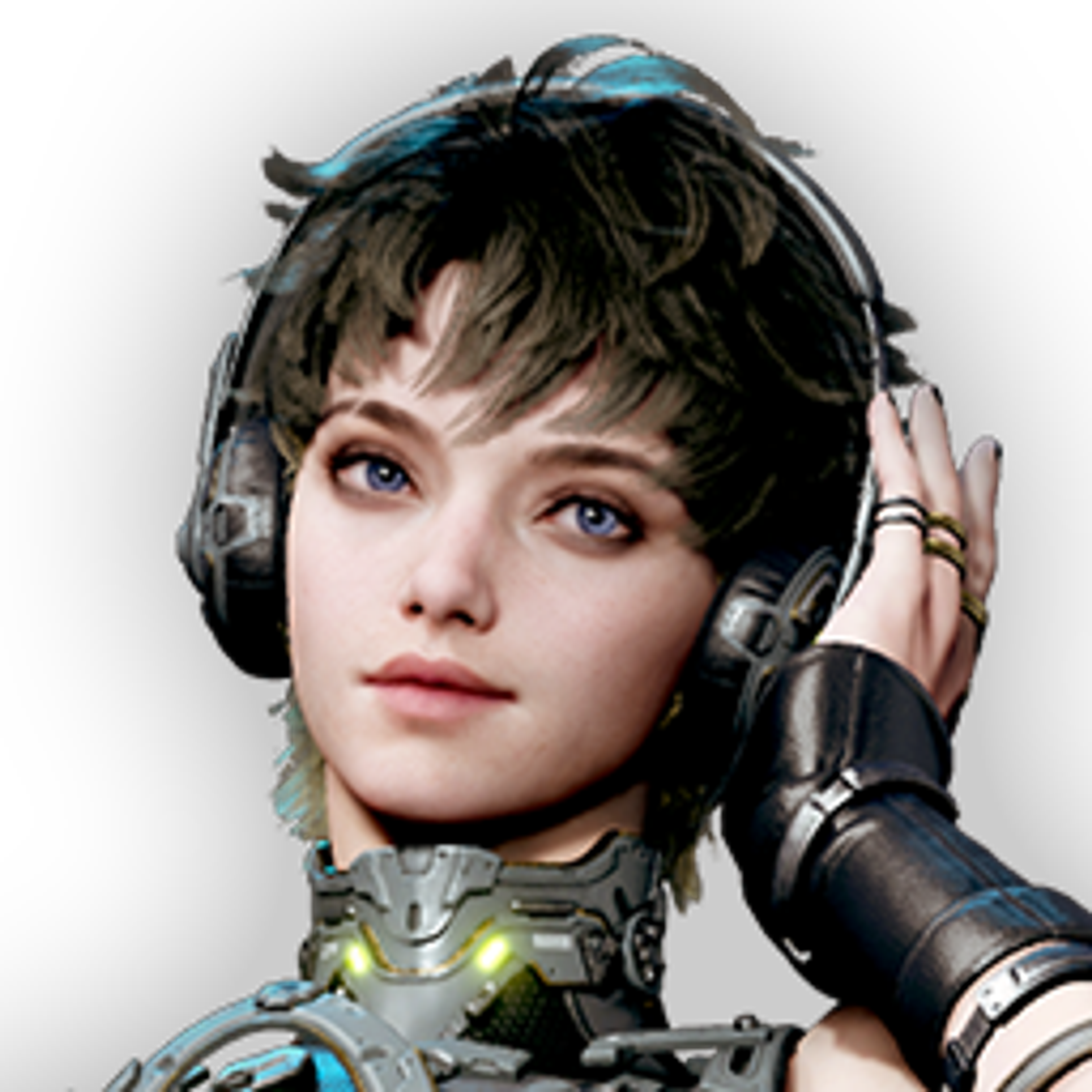 A young woman with short dark hair wearing headphones and a futuristic outfit, with a serious expression on her face.