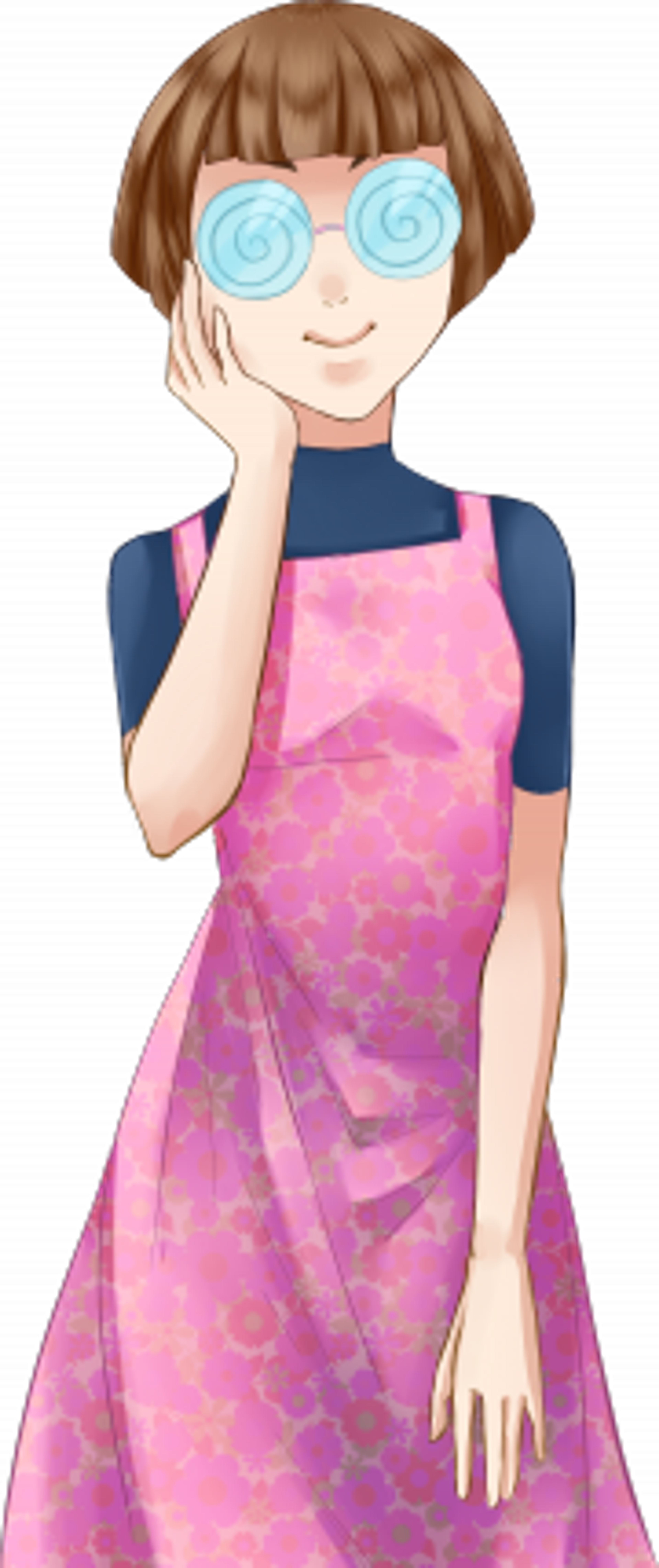 A young-looking woman with glasses and a pixie cut hairstyle wearing a pink and purple patterned dress