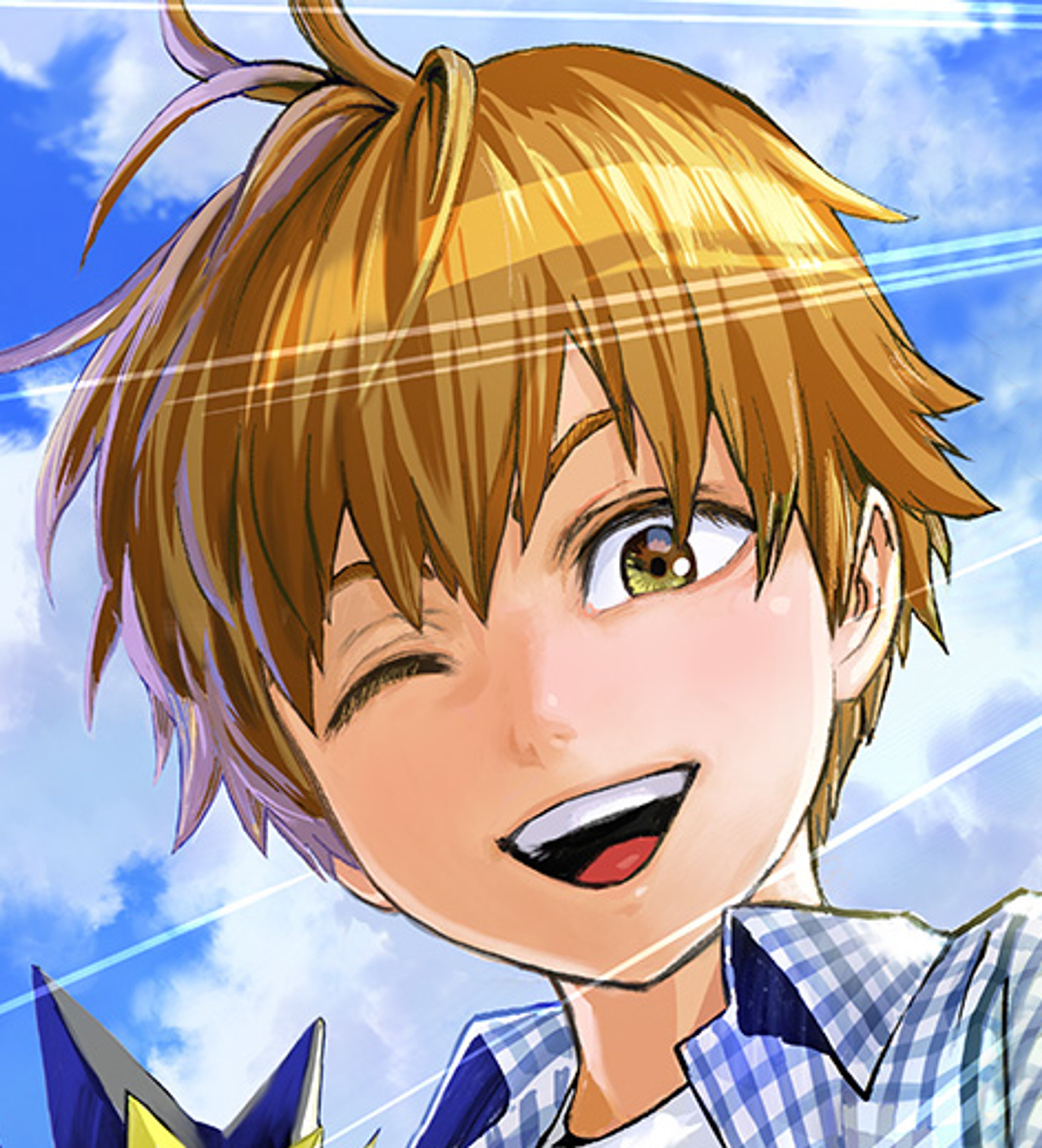 An anime-style illustration of a young boy with spiky brown hair and a cheerful expression, wearing a blue and white checkered shirt.