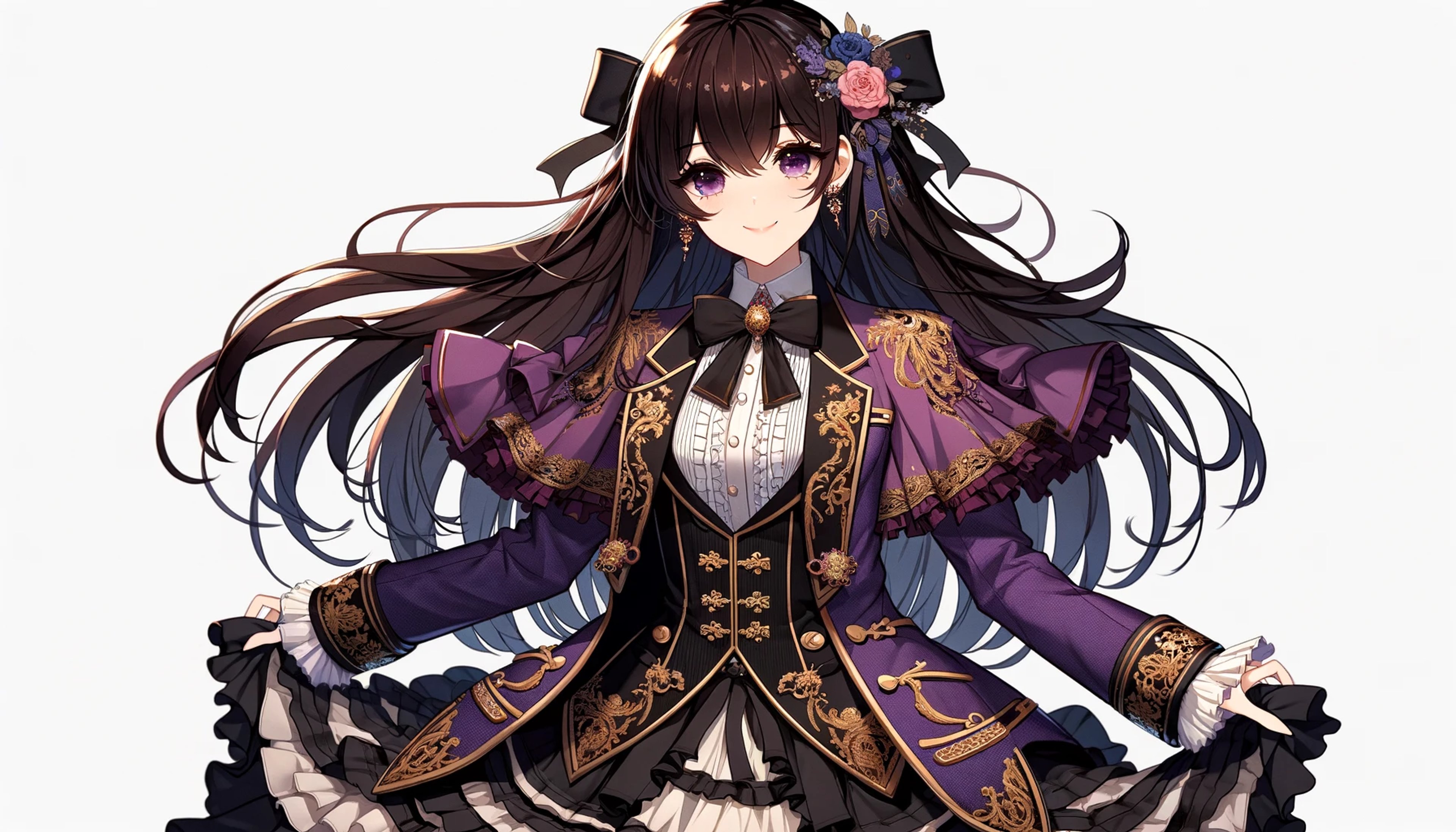 A young woman with long dark hair wearing an ornate, high-collared outfit