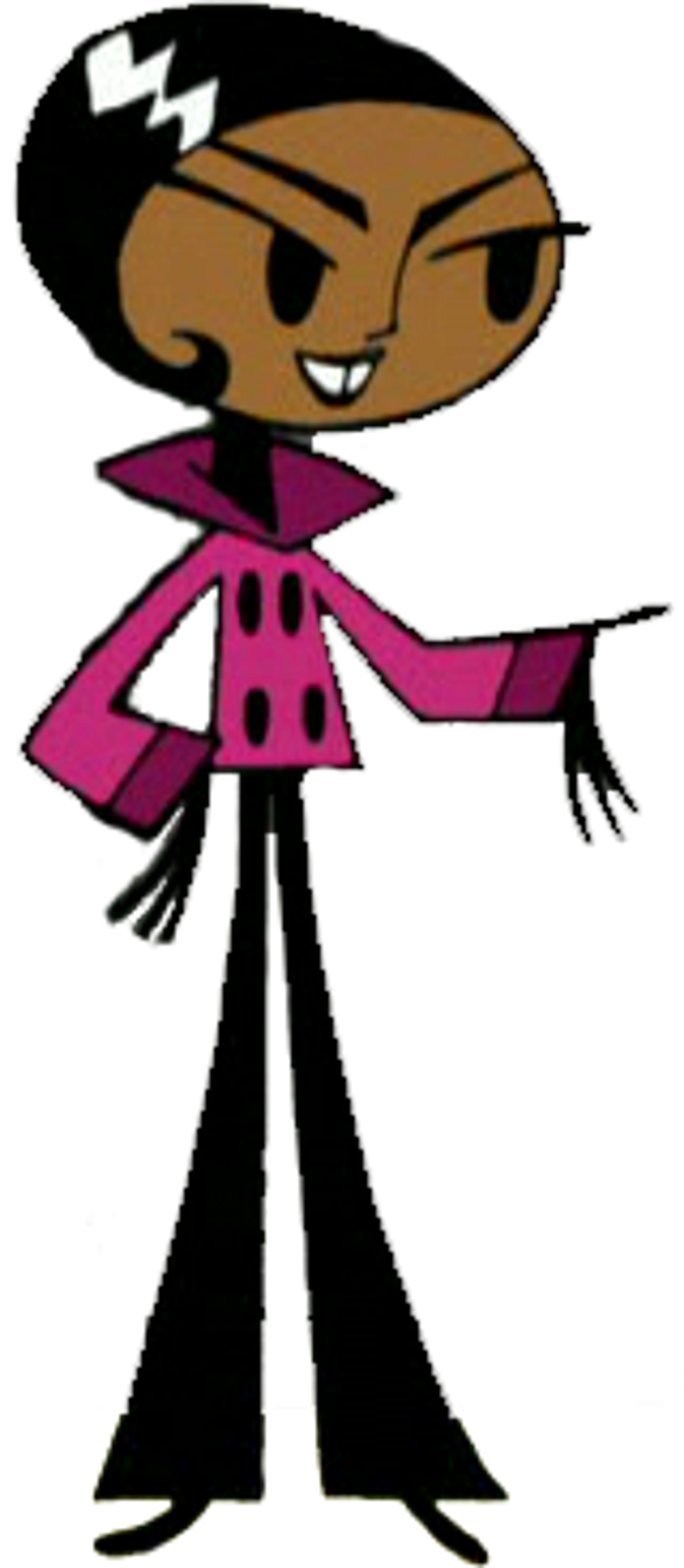 A cartoon character with dark skin wearing a pink dress