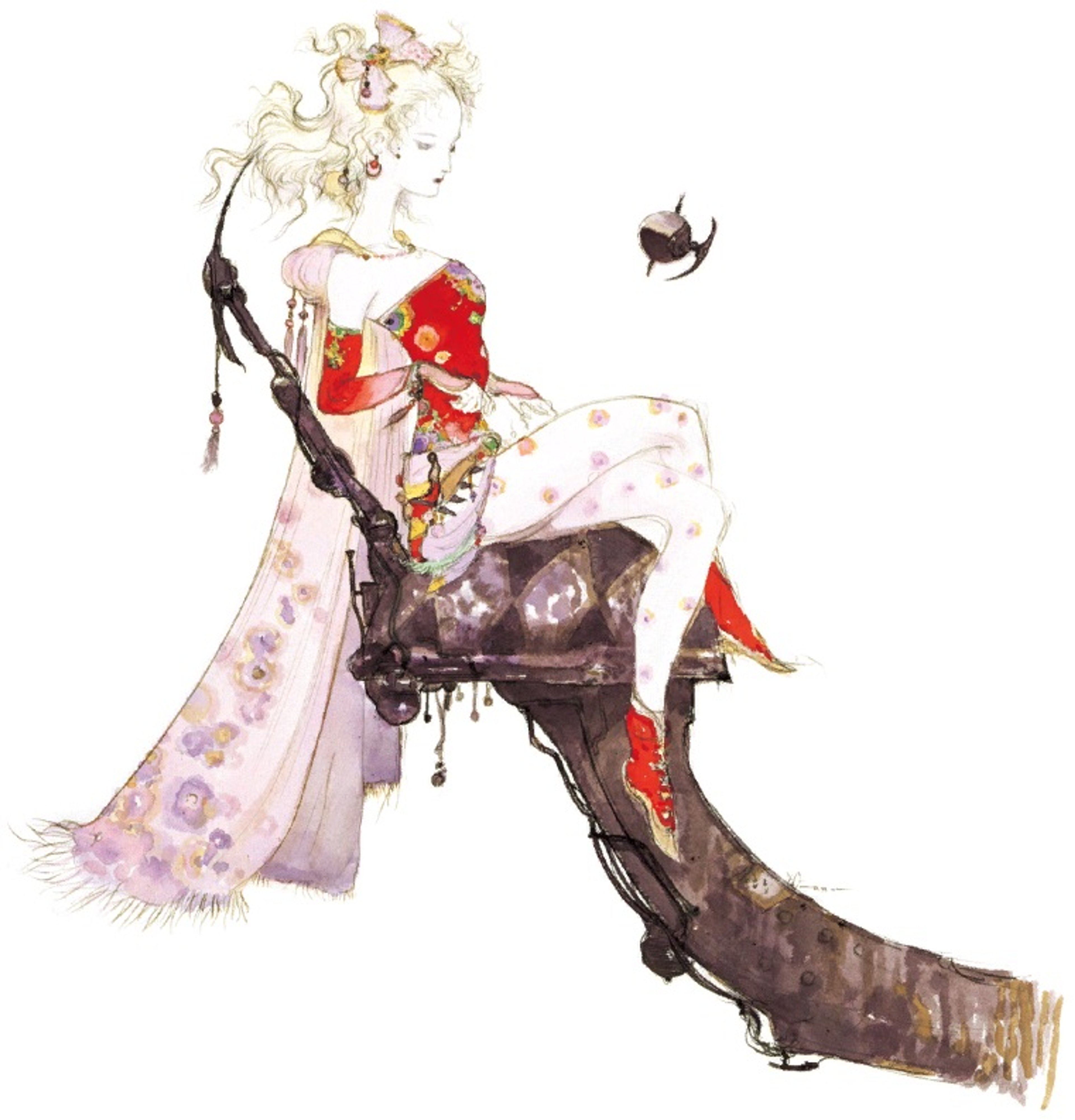 A young woman with long pink hair wearing an ornate, flowing dress and headpiece