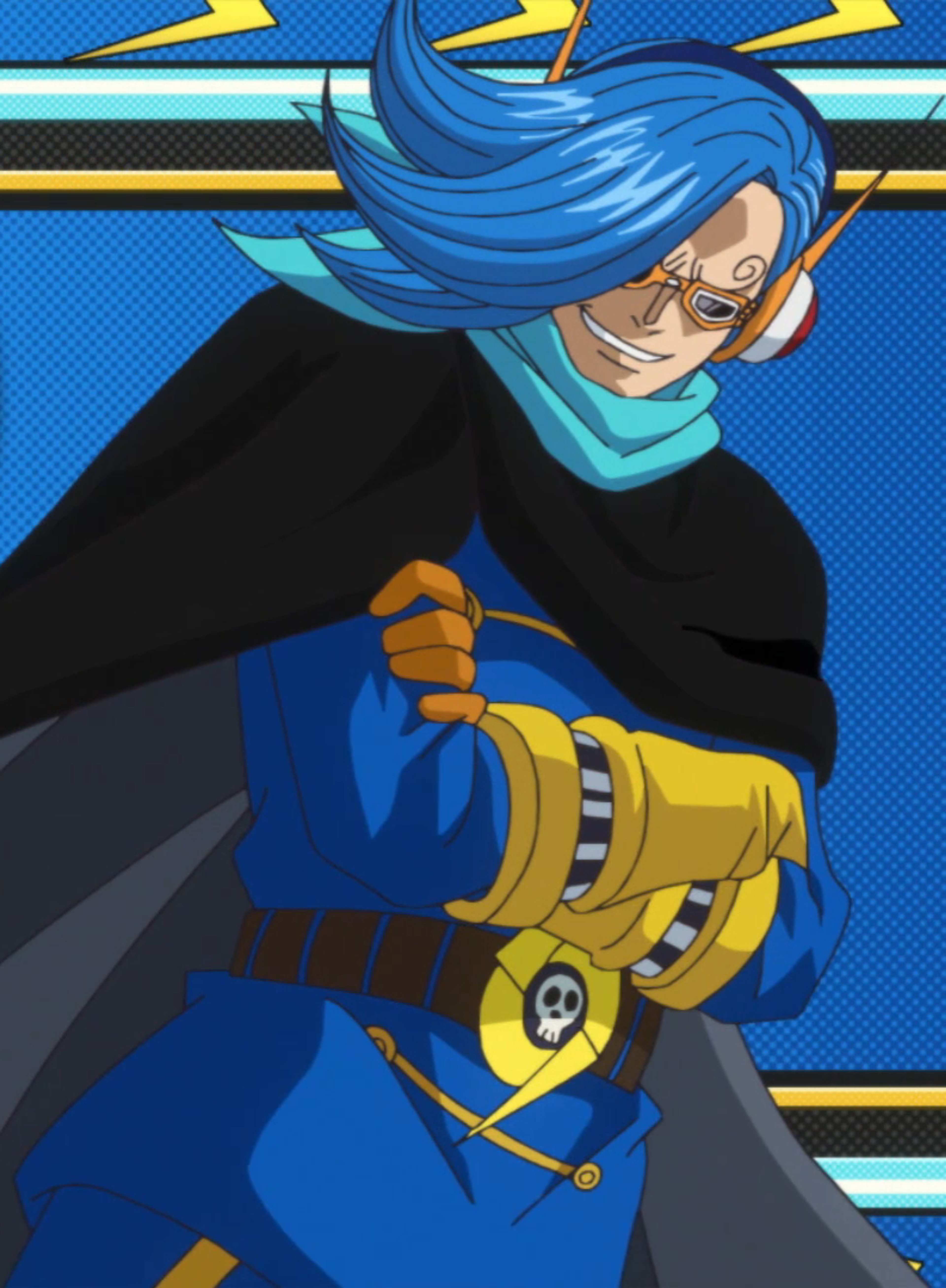 A character with blue hair and distinctive eyebrows wearing a dark blue suit and cape