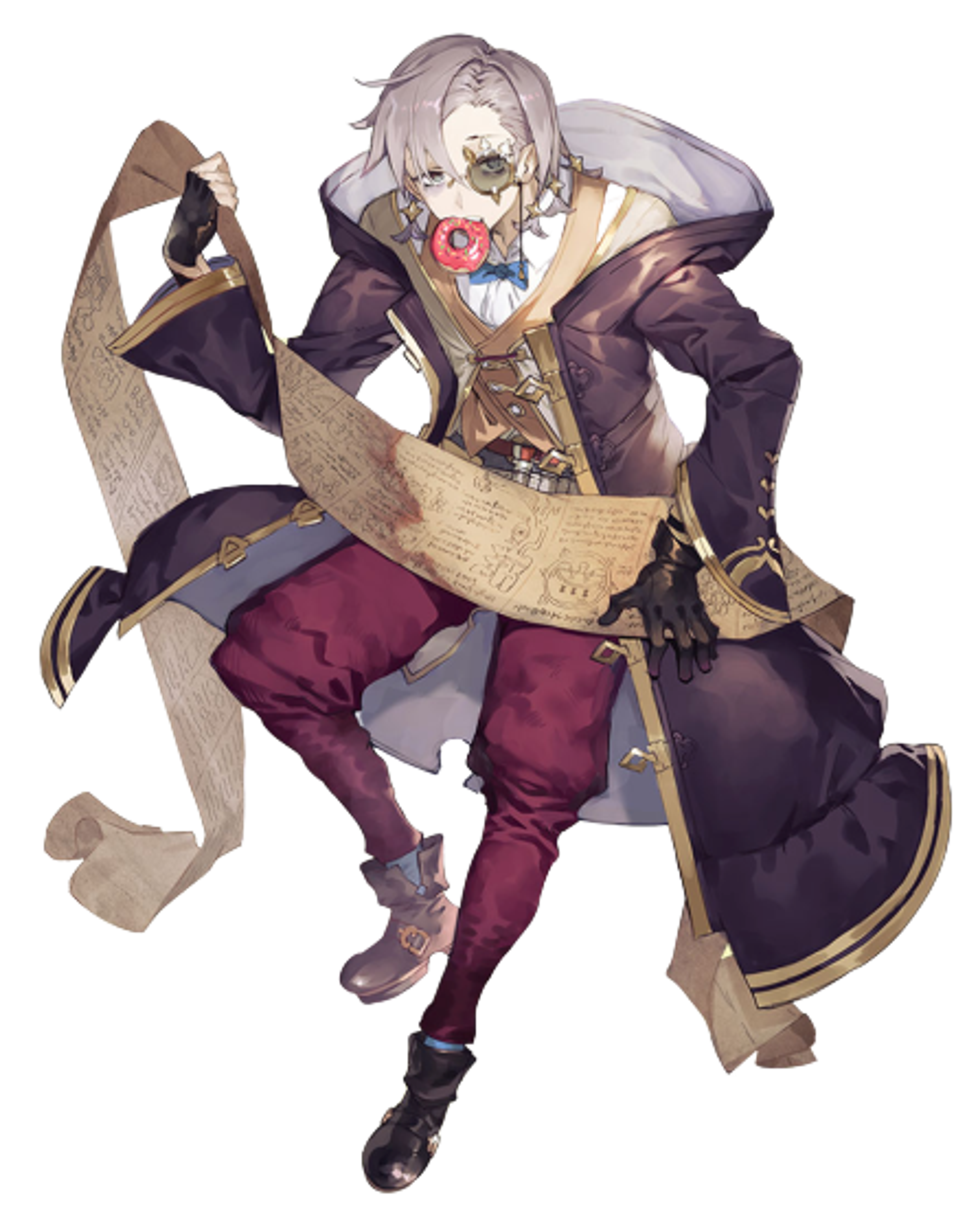 A detailed illustration of a pale, gaunt character with long white hair wearing a purple and gold outfit and holding alchemical tools.