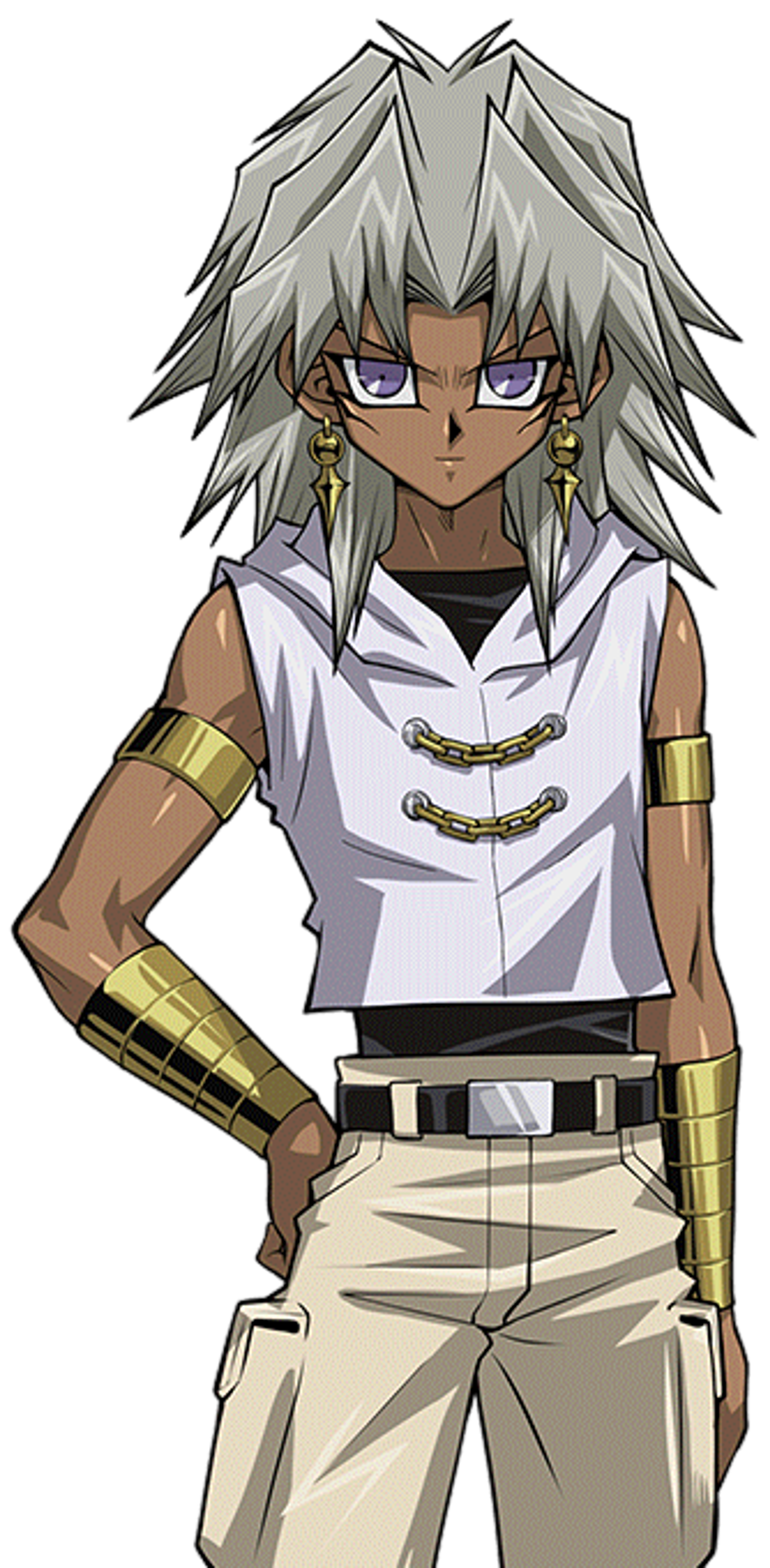 An anime-style character with light blonde hair, tanned skin, and lavender eyes wearing a white sleeveless top with gold accents and jewelry.