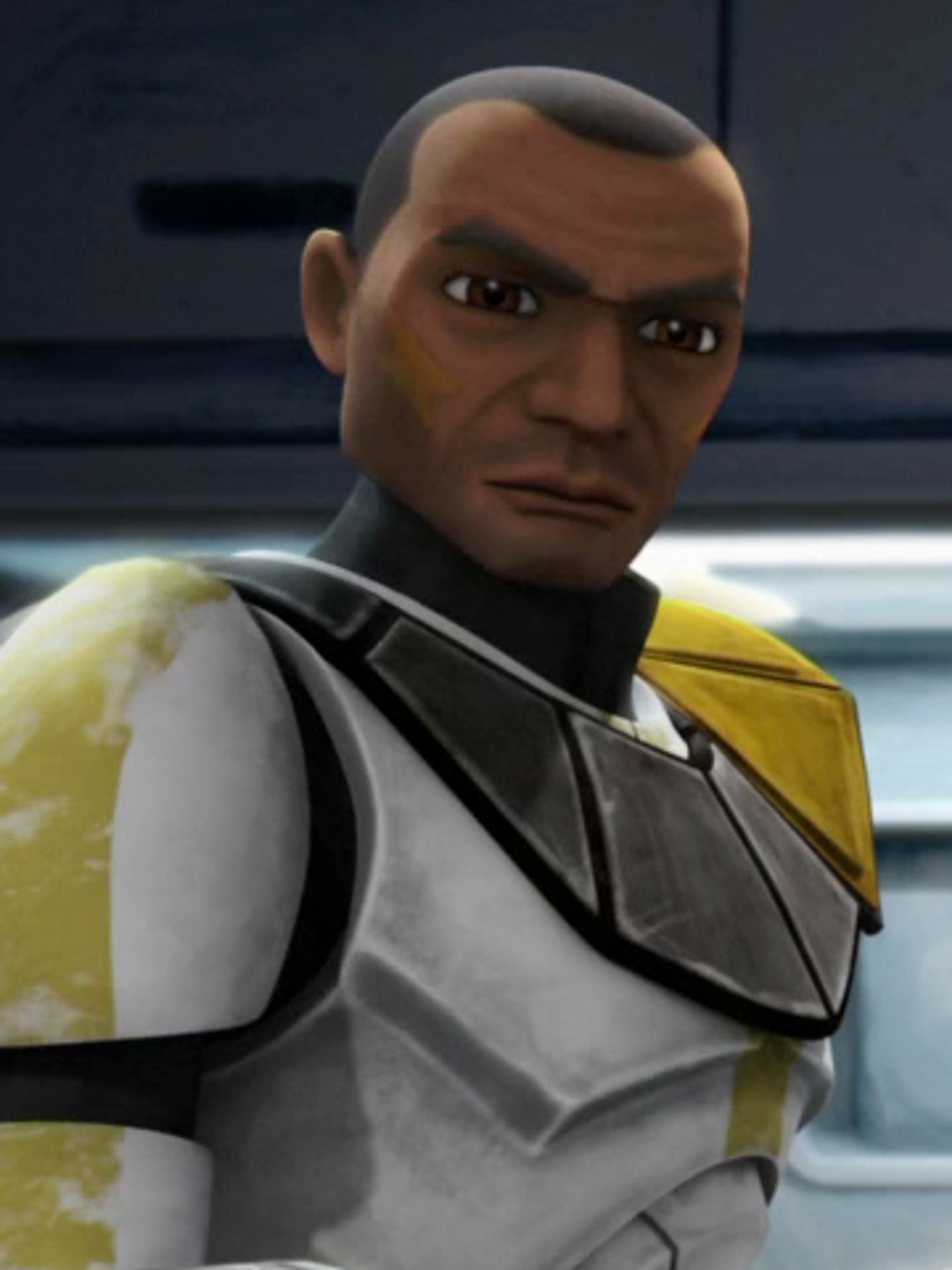 A clone trooper officer with a serious expression, wearing a white and gray military uniform.