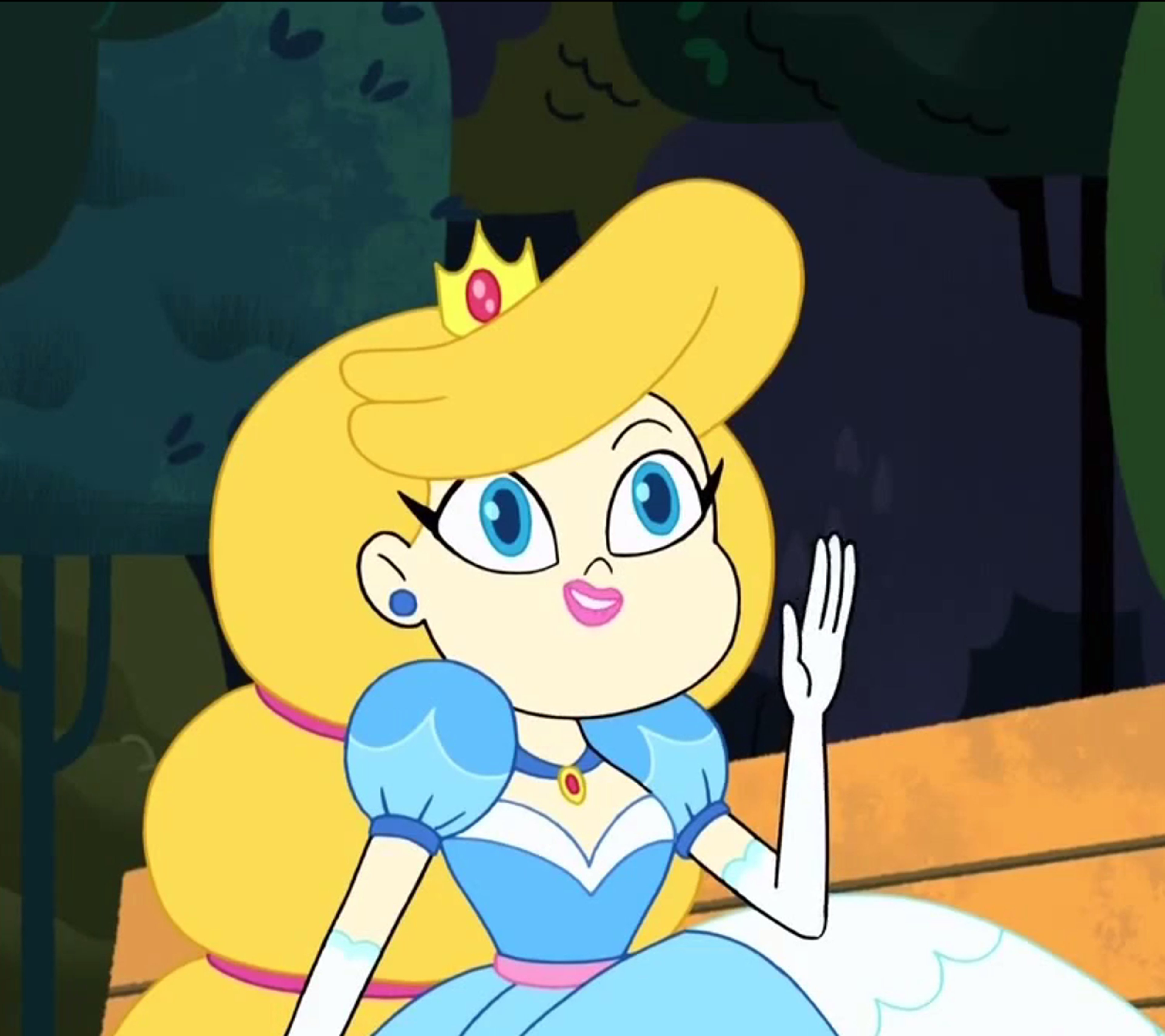 An animated princess-like female character with long blonde hair, blue eyes, and a blue dress, making a gesture with her hand.