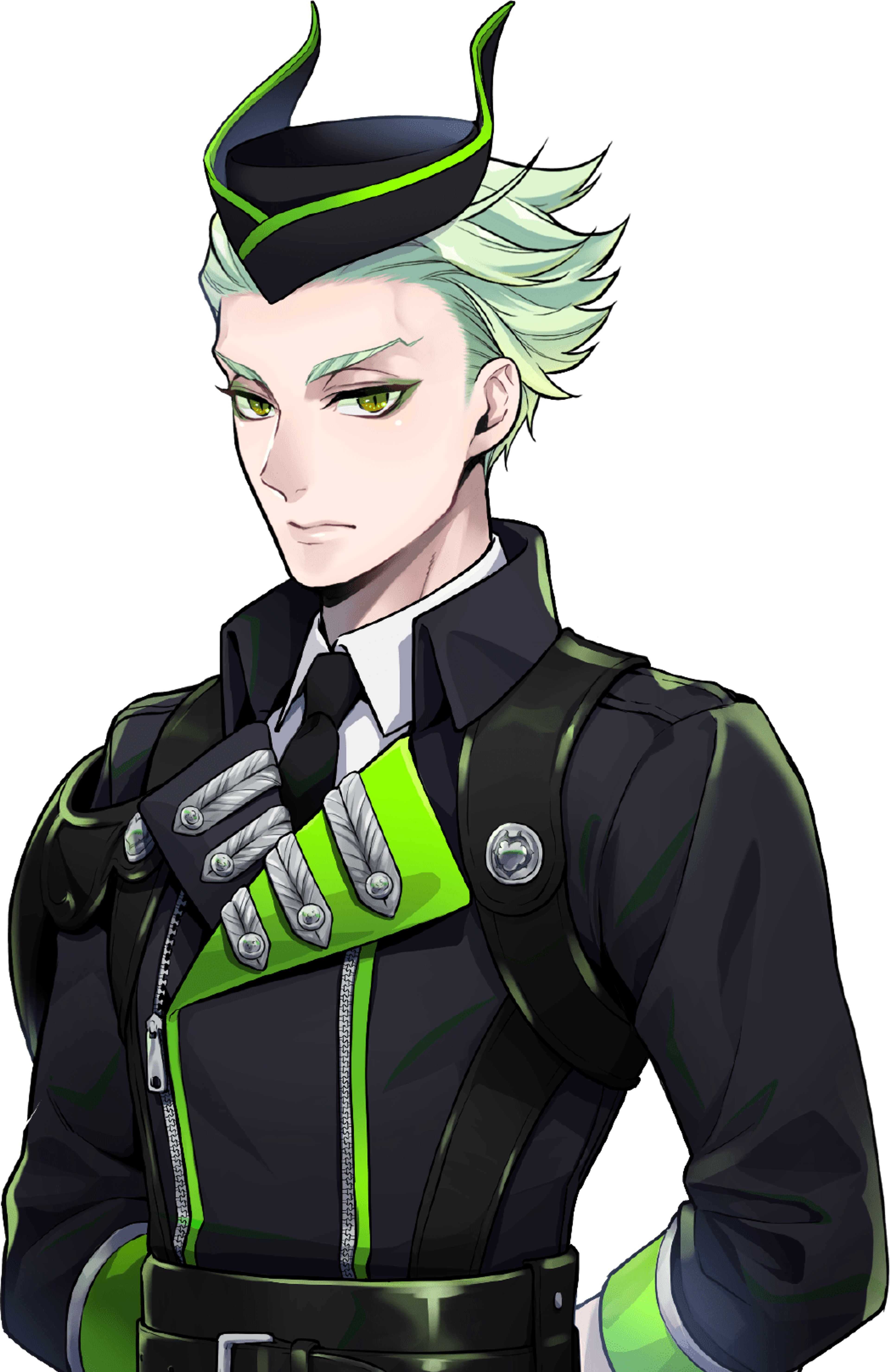 A young man with green hair wearing a black and green uniform