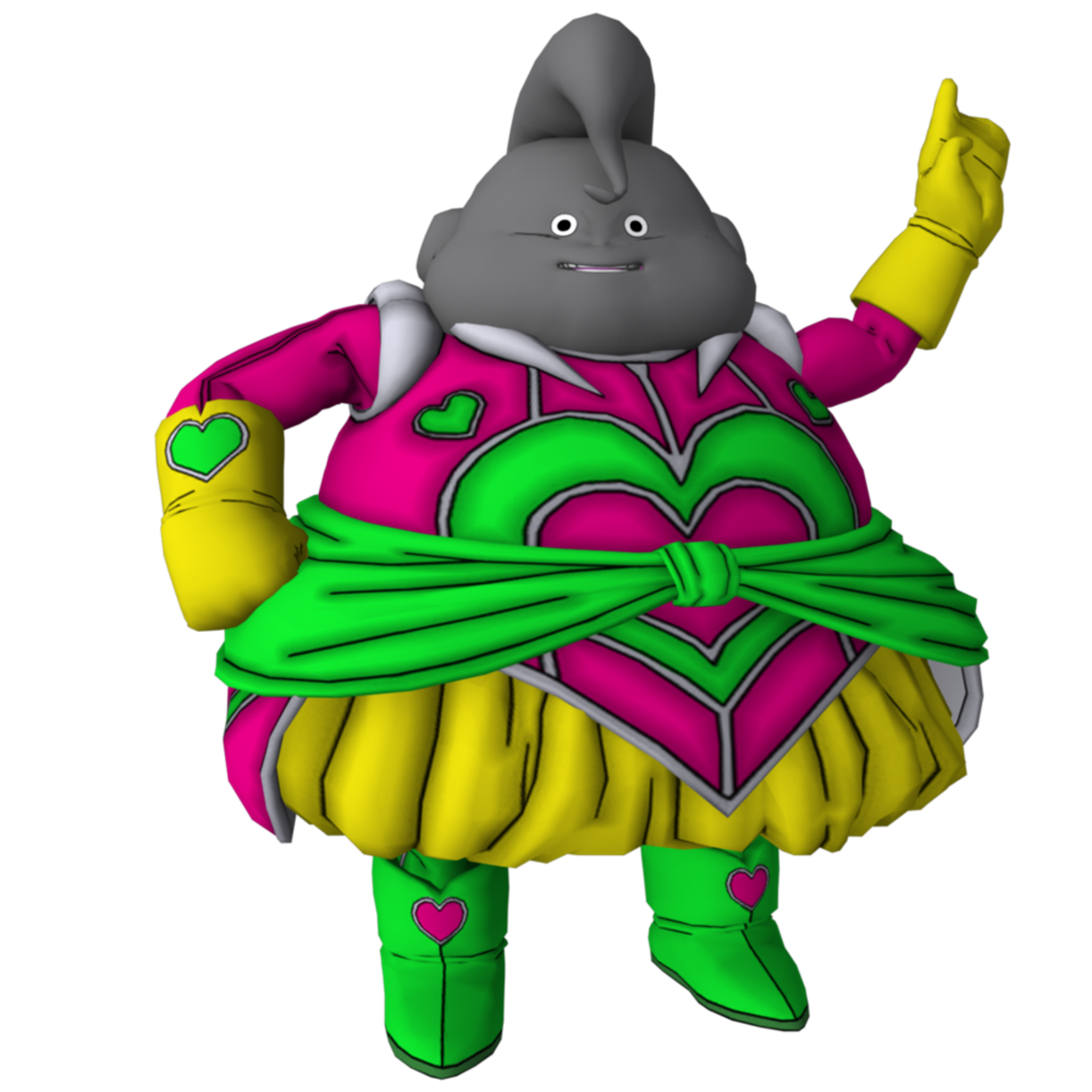 A large, pink, cartoonish character wearing a green and yellow outfit with a heart-shaped design