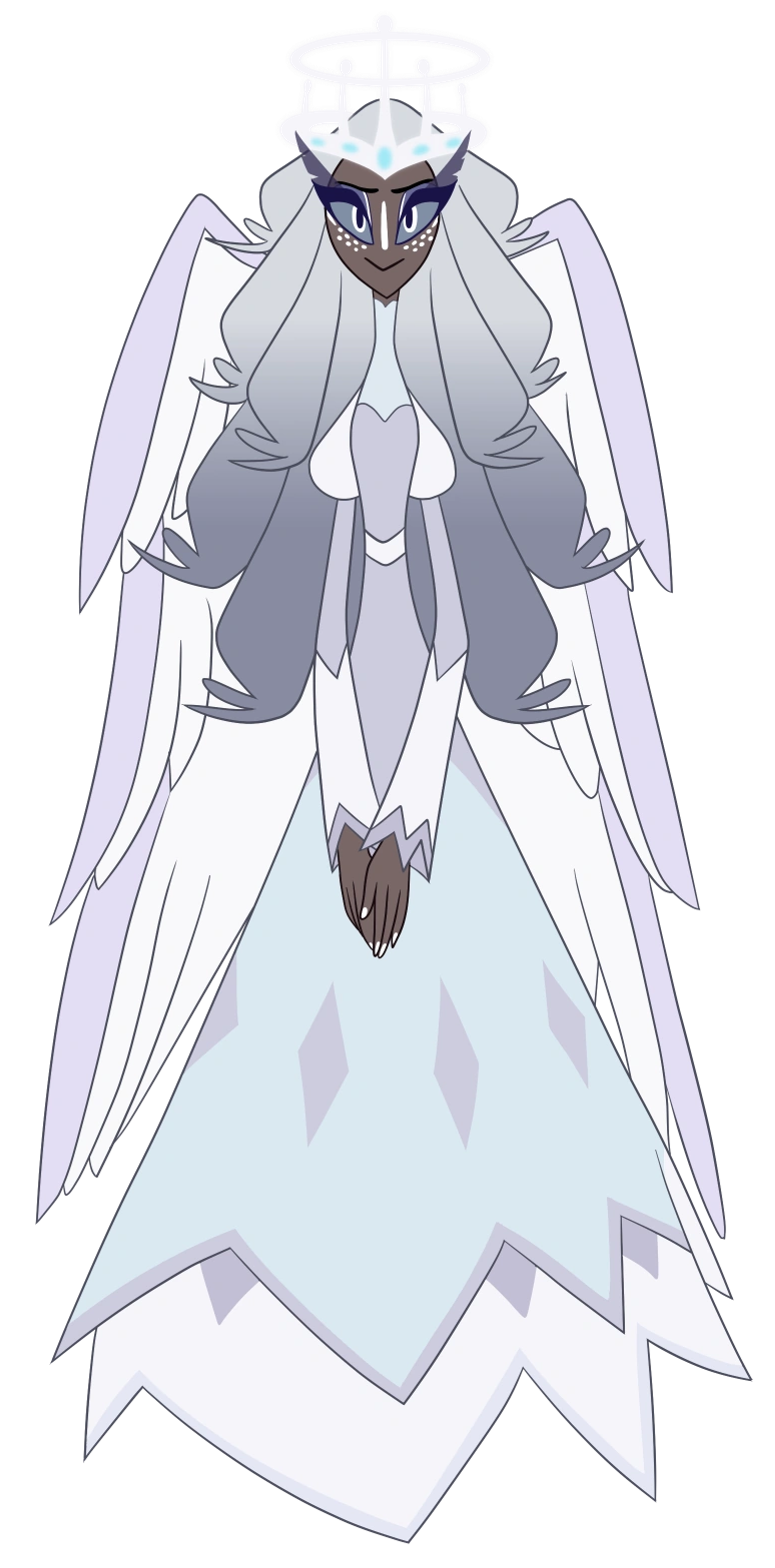 A powerful angelic being with multiple wings and a commanding presence, wearing a long white robe and a crown-like halo.