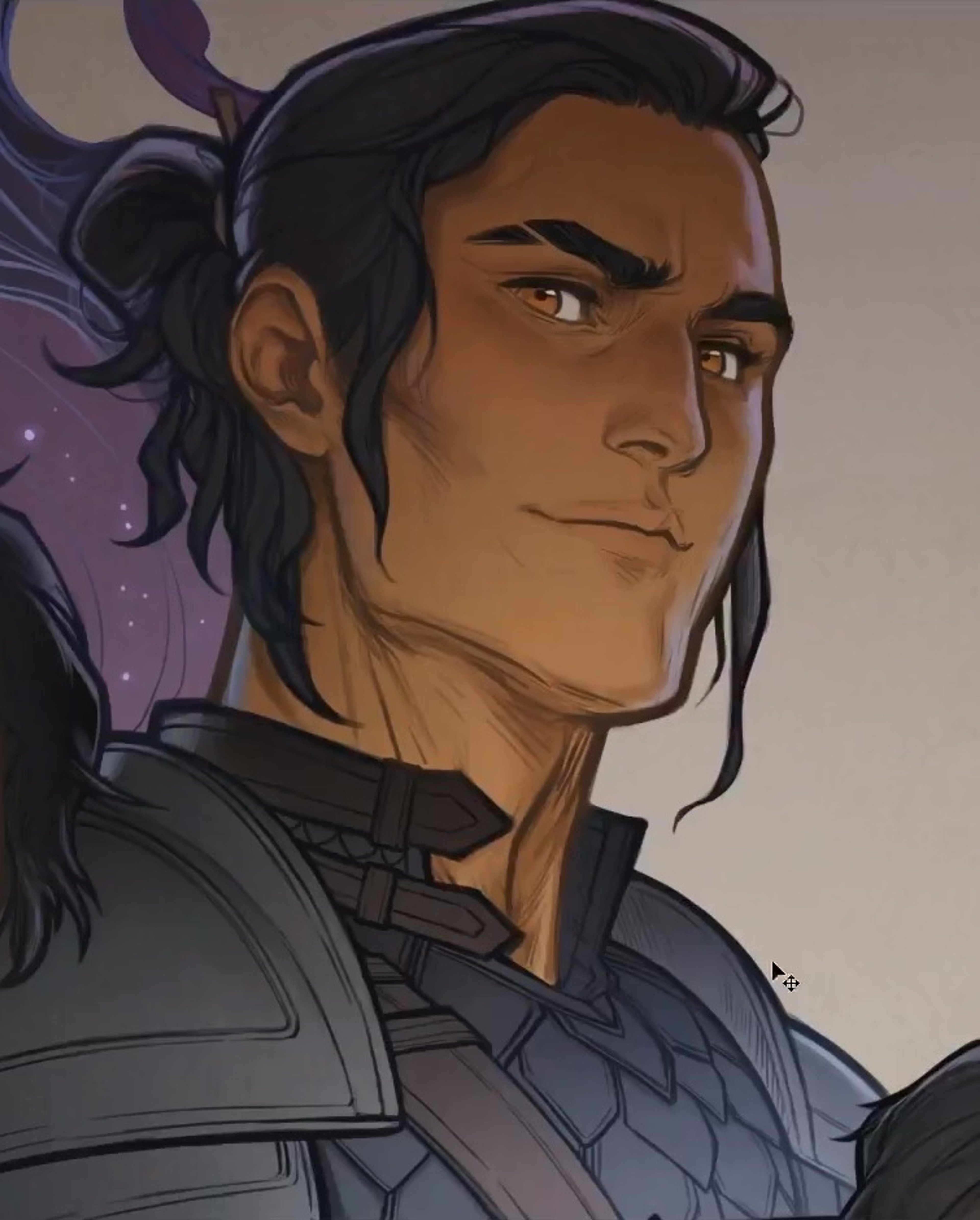 A male character with dark hair and a serious expression, wearing dark clothing.