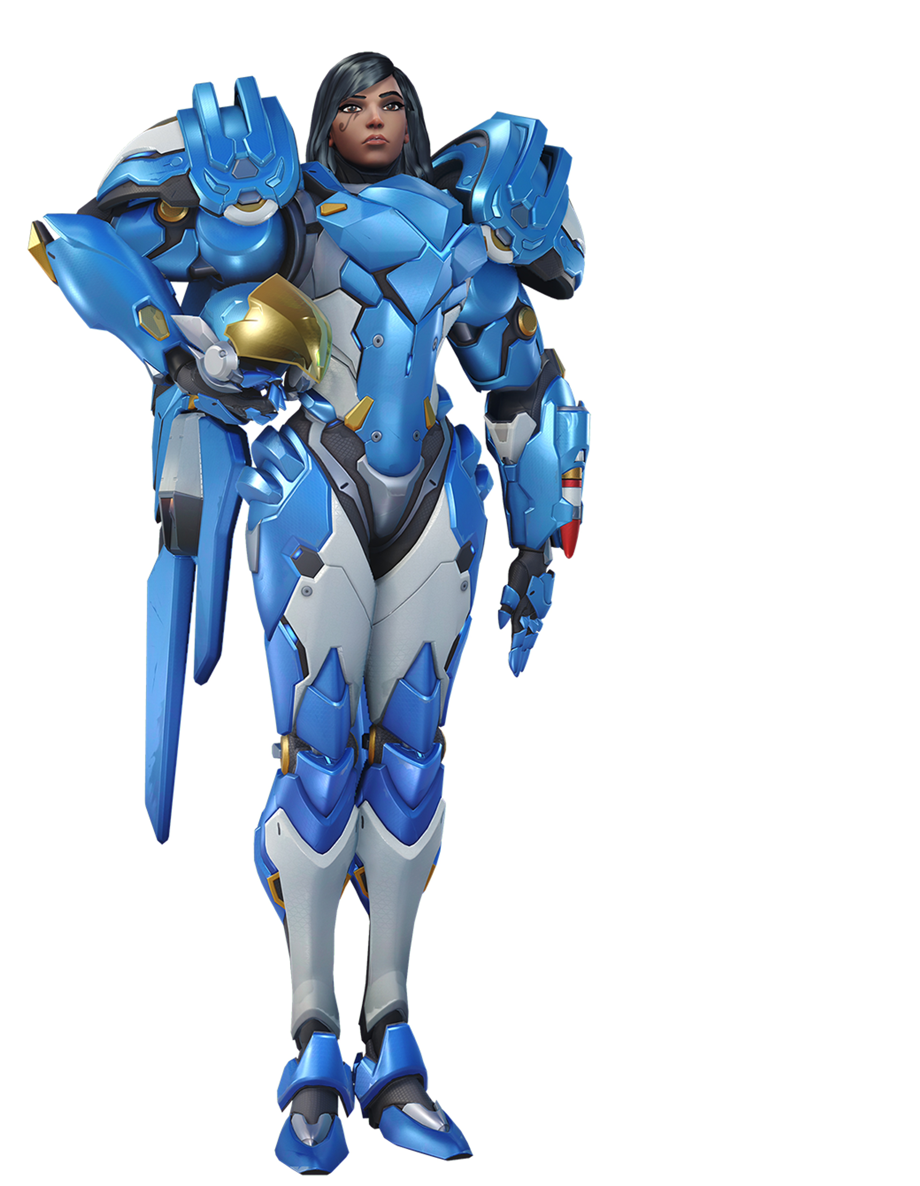 A female character in a blue and white futuristic-looking suit of armor, holding a high-tech weapon.