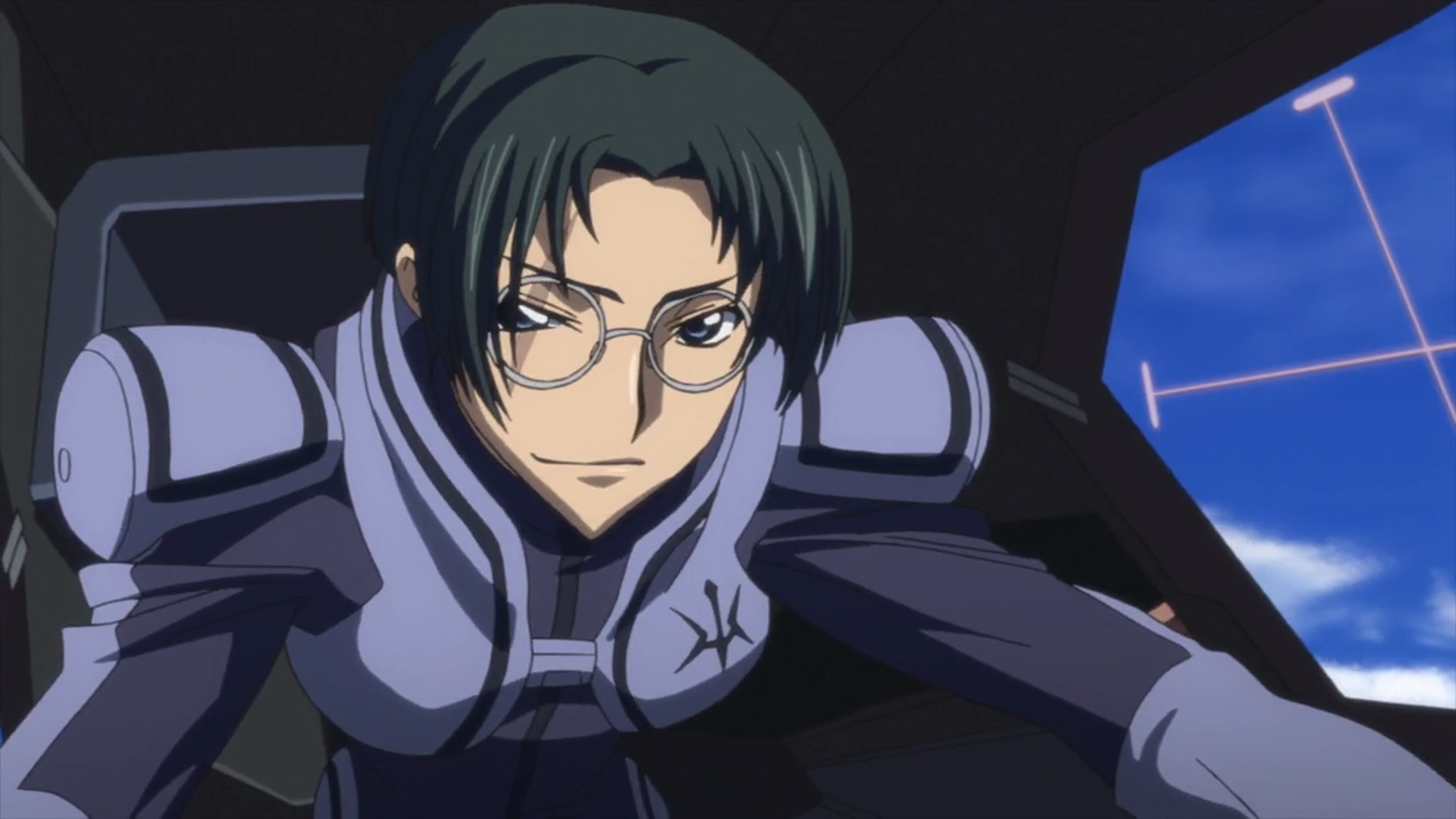 A military officer with teal hair, blue eyes, and a scar on his face