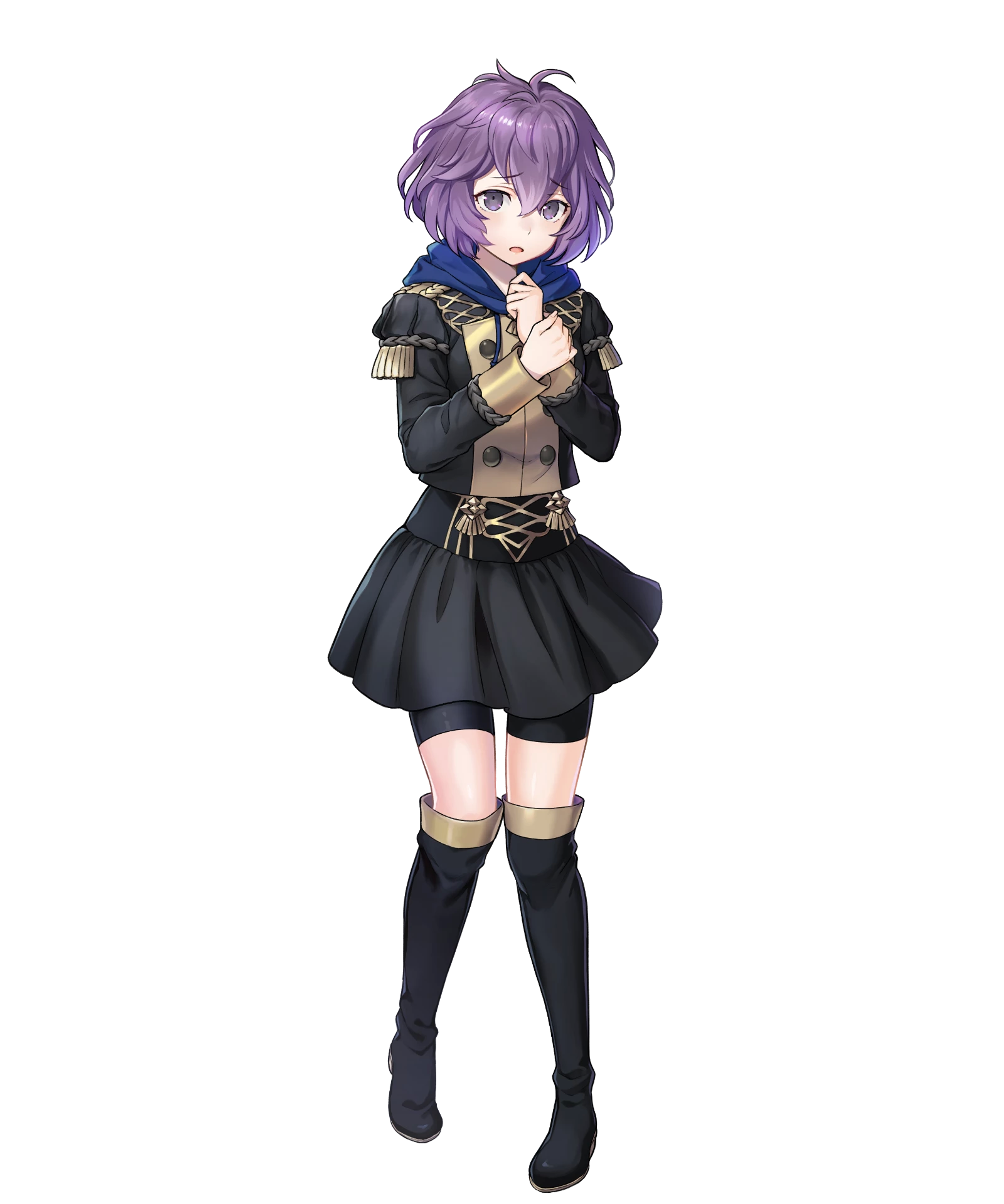 An anime-style character with purple hair and a black school uniform, standing in a defensive posture with a shy expression.