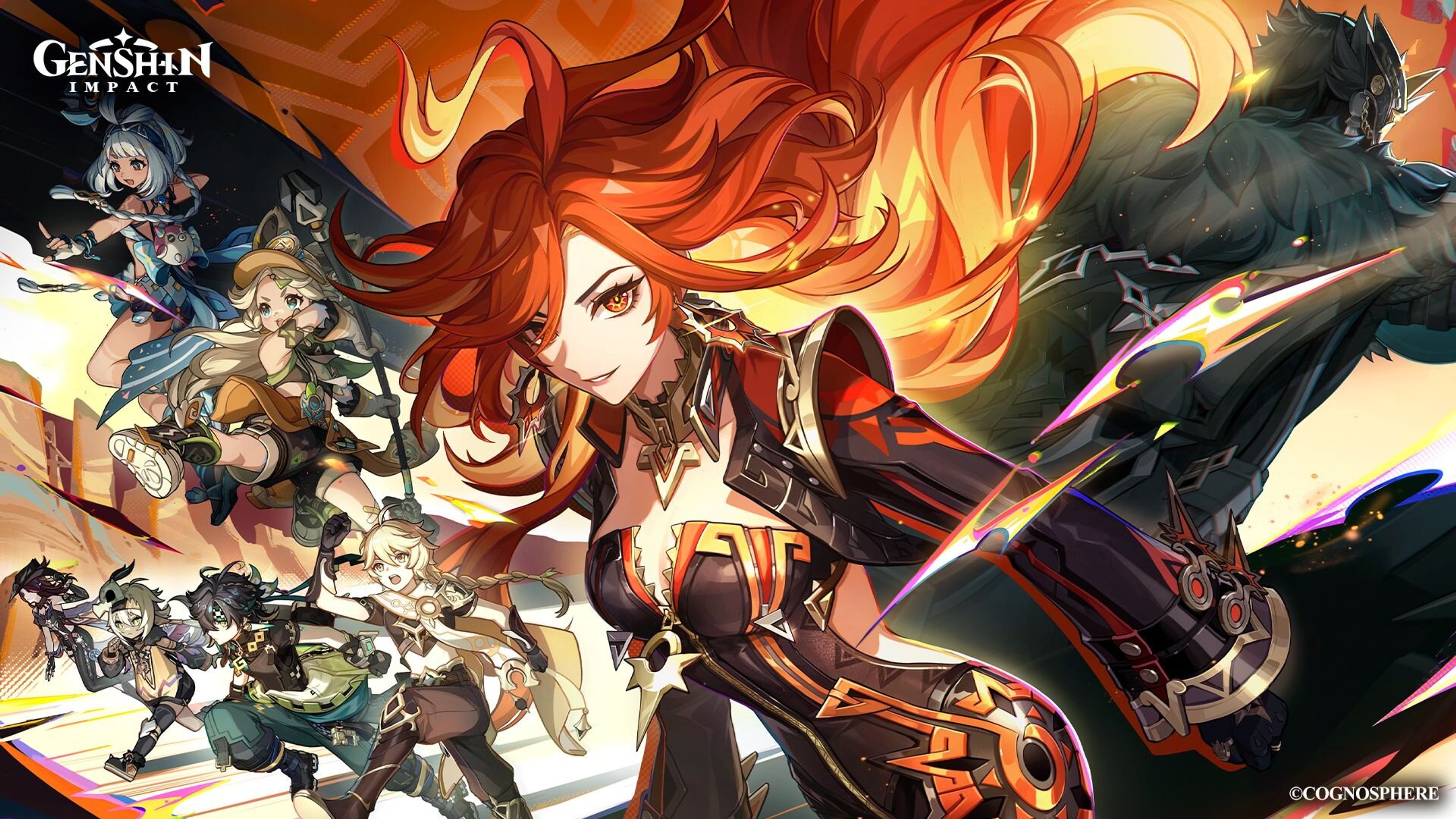 A powerful, fiery female character surrounded by flames and other fantastical elements