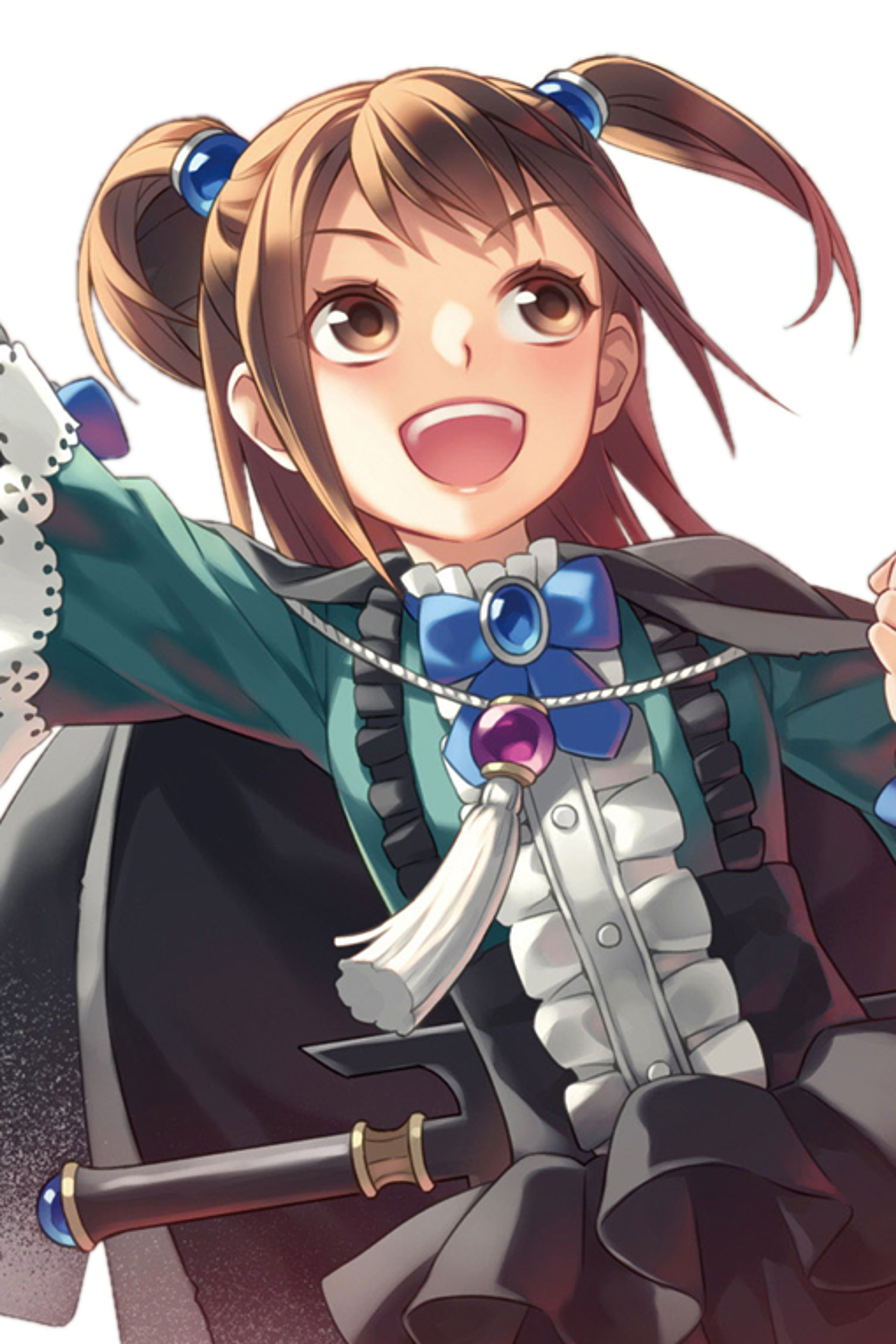 An anime-style character with blonde twin pigtails holding a fishing rod or similar tool