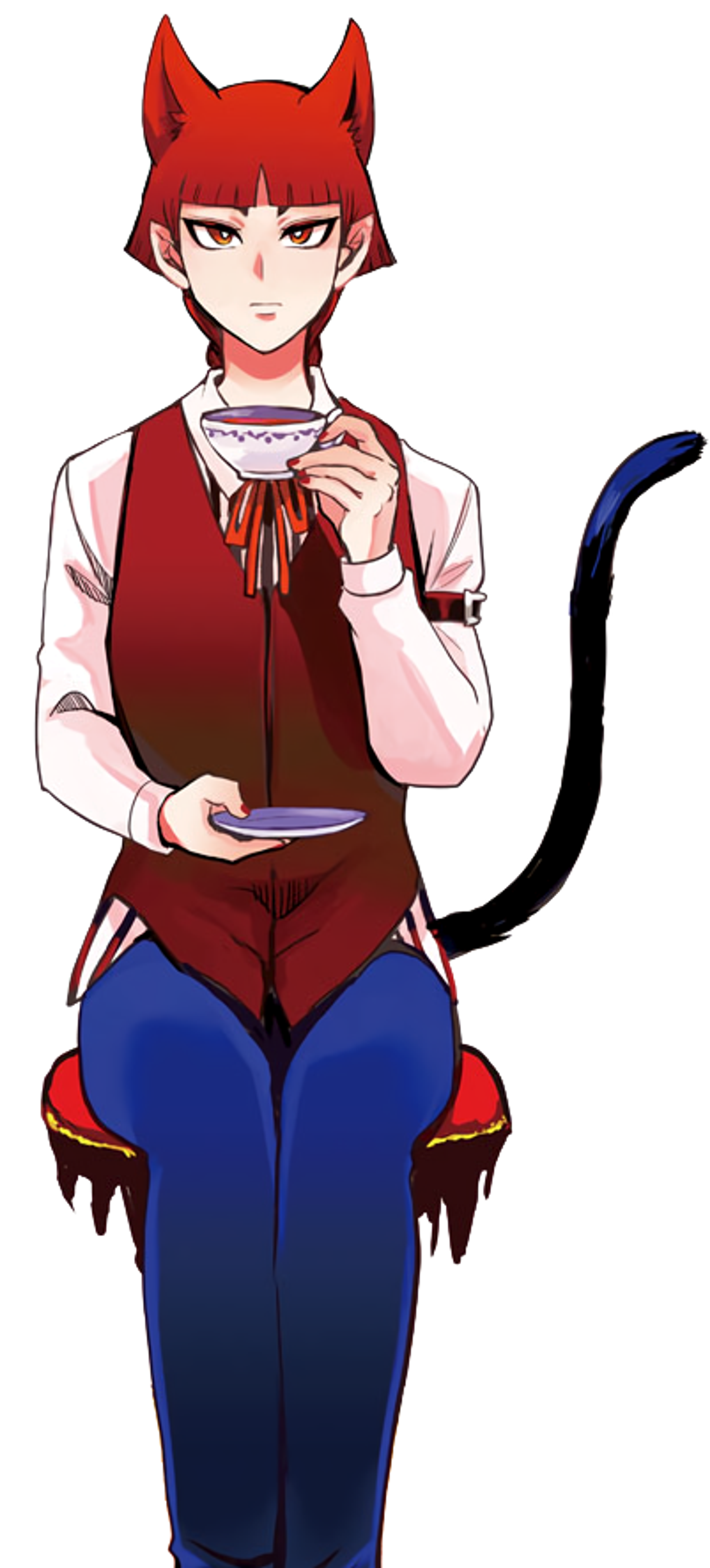 An androgynous anime-style character with red hair, horns, and a serious expression, holding a cup.