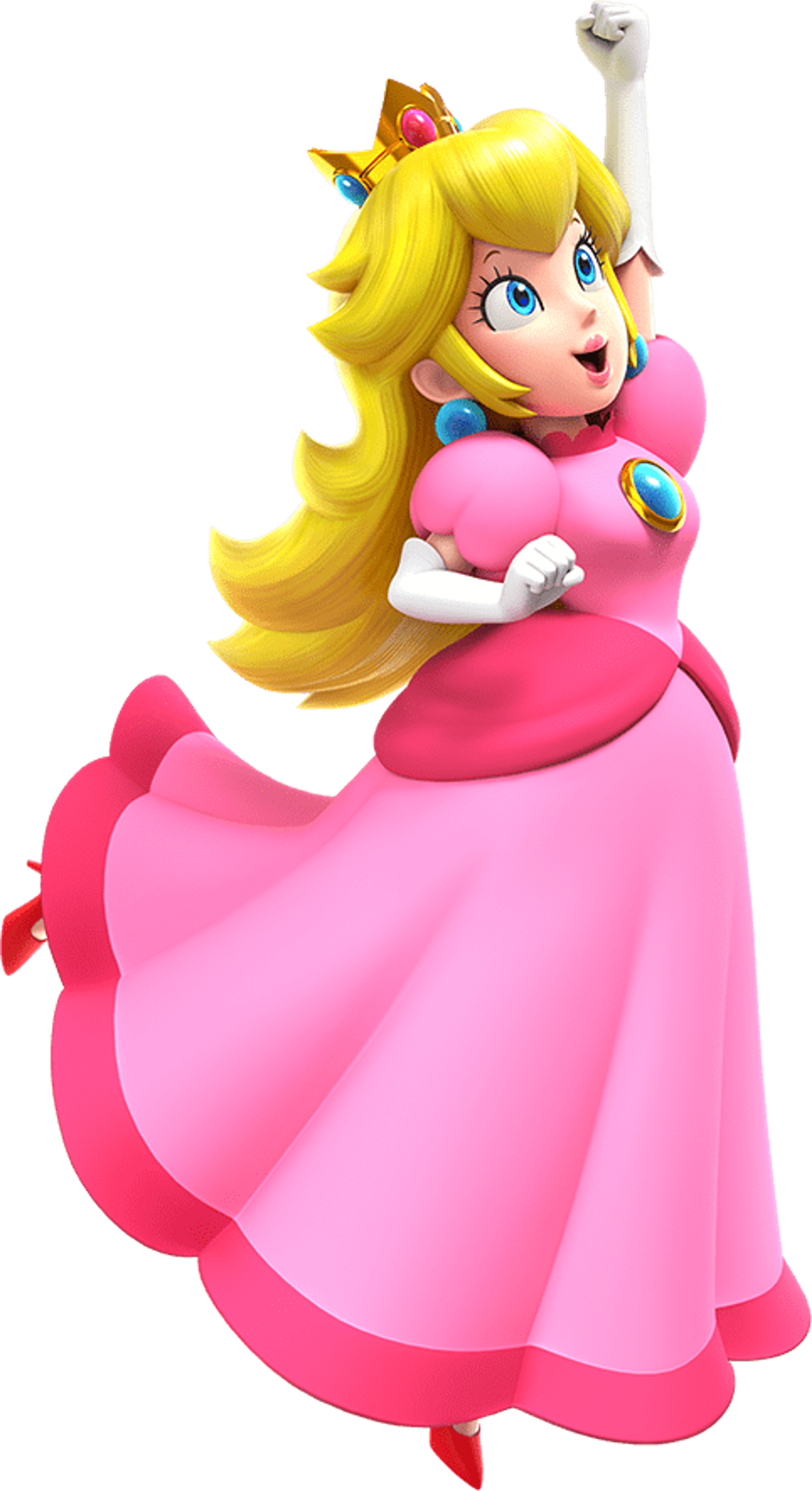 A cartoon character in a pink dress with blonde hair and a crown, standing in a confident pose.